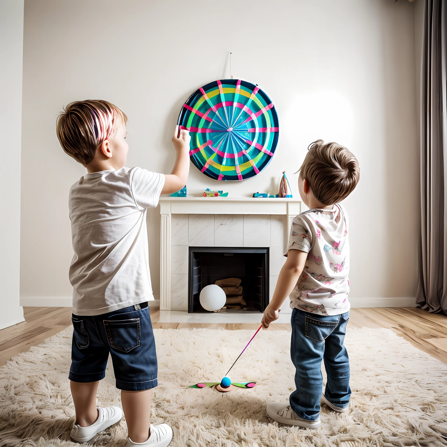 a boy, a girle, Throw darts in the room with your back to the camera, White interior background wall, Intermediate target, Small children on both sides, soft light, wideangle, blonde hair, cinematic lighting, Wide-Angle, Sony FE, f/16, 35mm, highres, high details, 16k