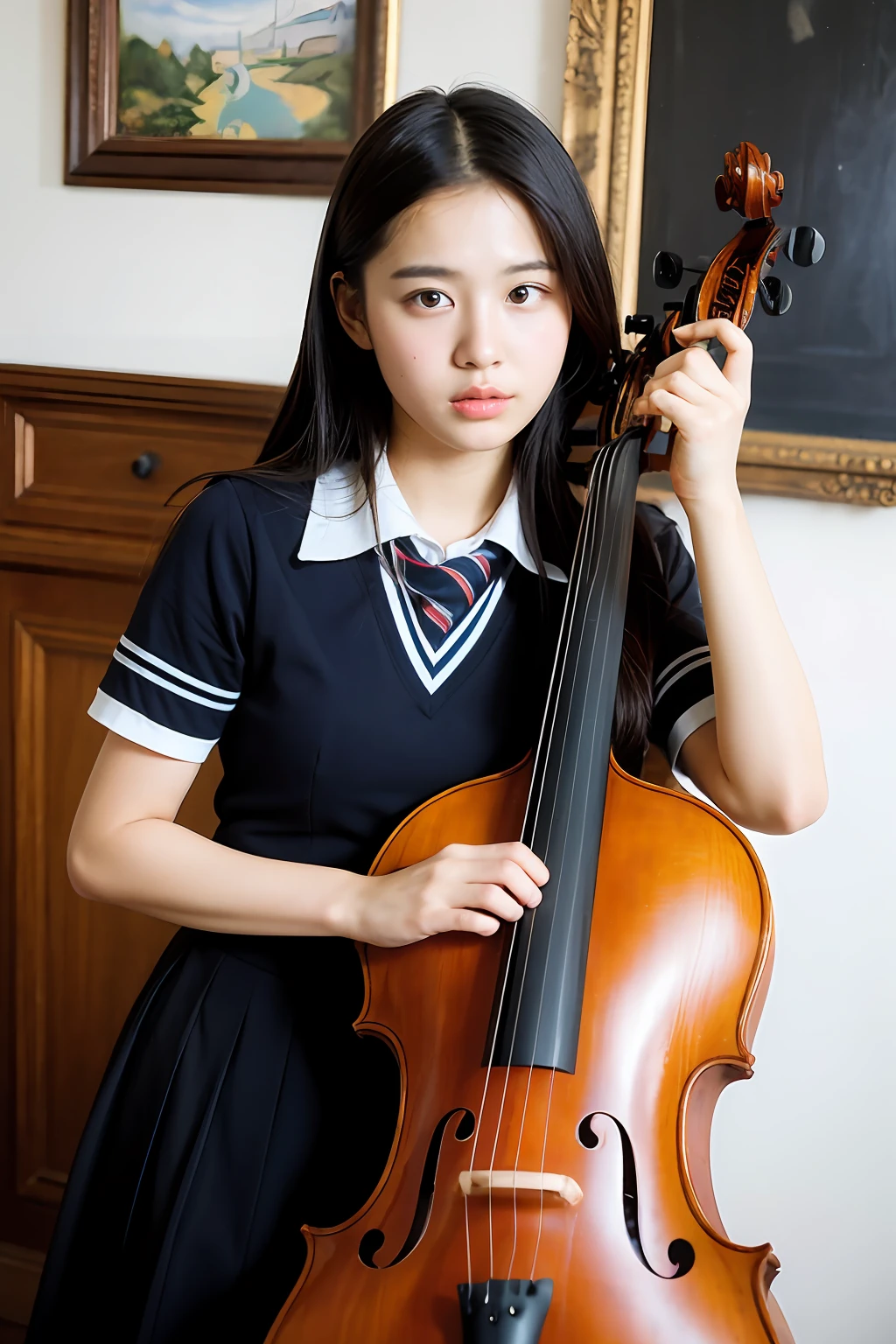 (8K:1.27), Best Quality, Masterpiece, Ultra High Resolution: 1.2, An Asian junior high school student, 15 years old, full body portrait of herself in a school uniform, playing the cello intently, with soft lighting in the picture, presented in the form of realistic painting art