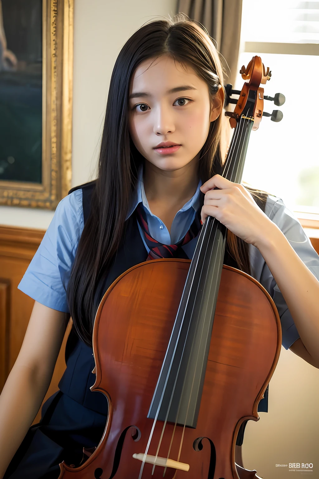 (8K:1.27), Best Quality, Masterpiece, Ultra High Resolution: 1.2, An Asian junior high school student, 15 years old, full body portrait of herself in a school uniform, playing the cello intently, with soft lighting in the picture, presented in the form of realistic painting art
