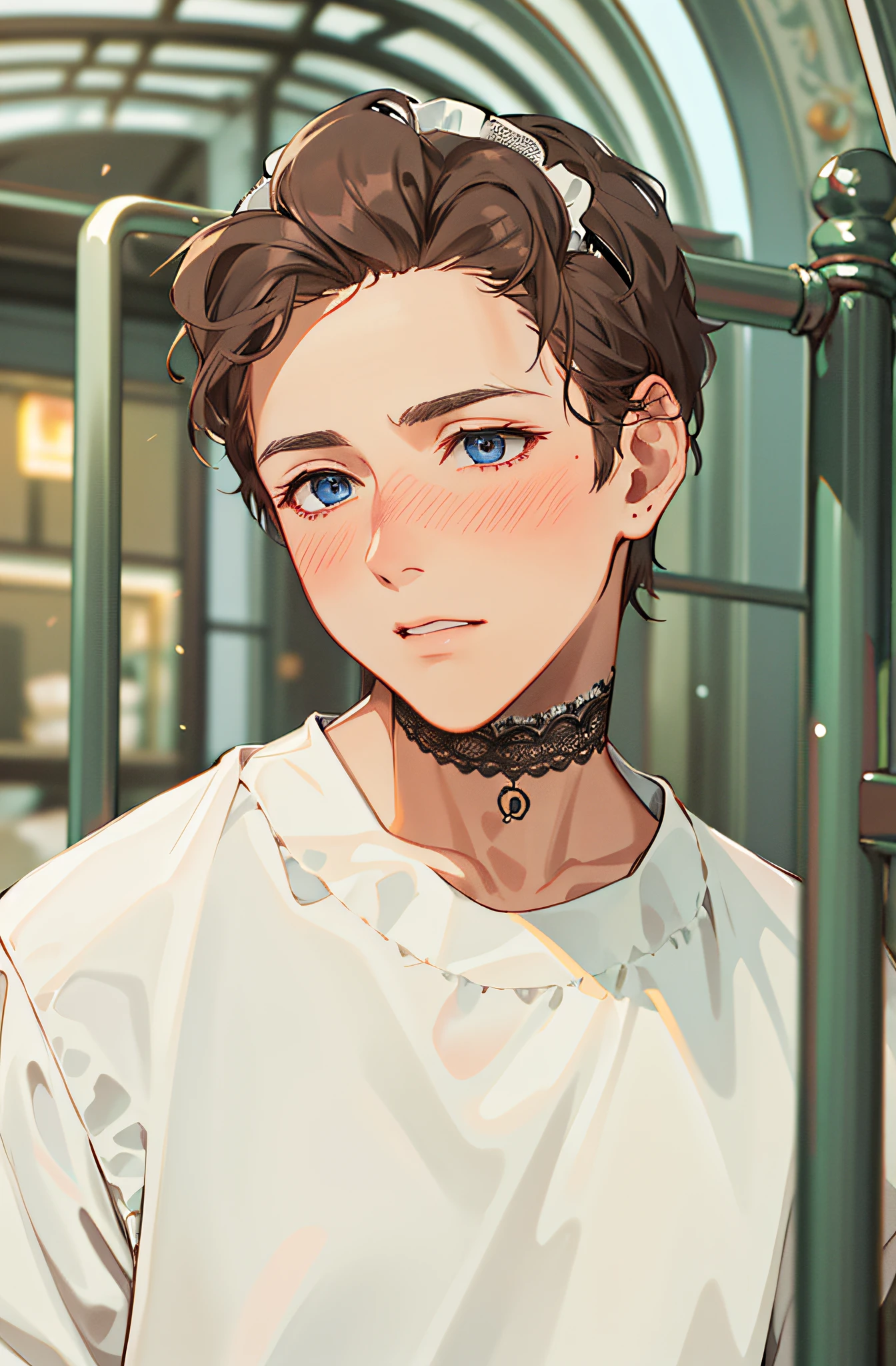HD, (Best Details) (Best Quality), (((Maid Outfit))), Headdress, Headband, Frilled Skirt, Maid Apron, Lace Choker, Bow, (Maid Uniform: 1.1), Blush, There is a man standing by the fence holding a cell phone