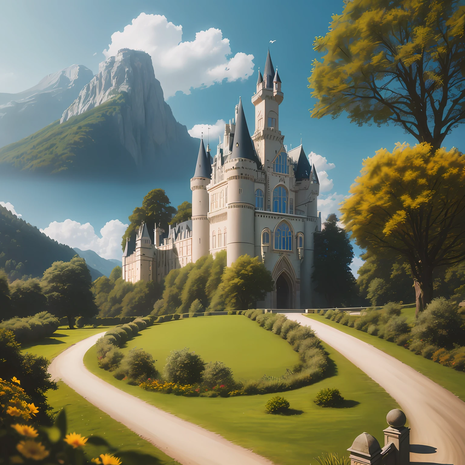 In the fantasy forest, there is an ancient and mysterious castle, there are trees and flowers in front of the castle, and little rabbits rubbing around in the grass, in high definition --auto