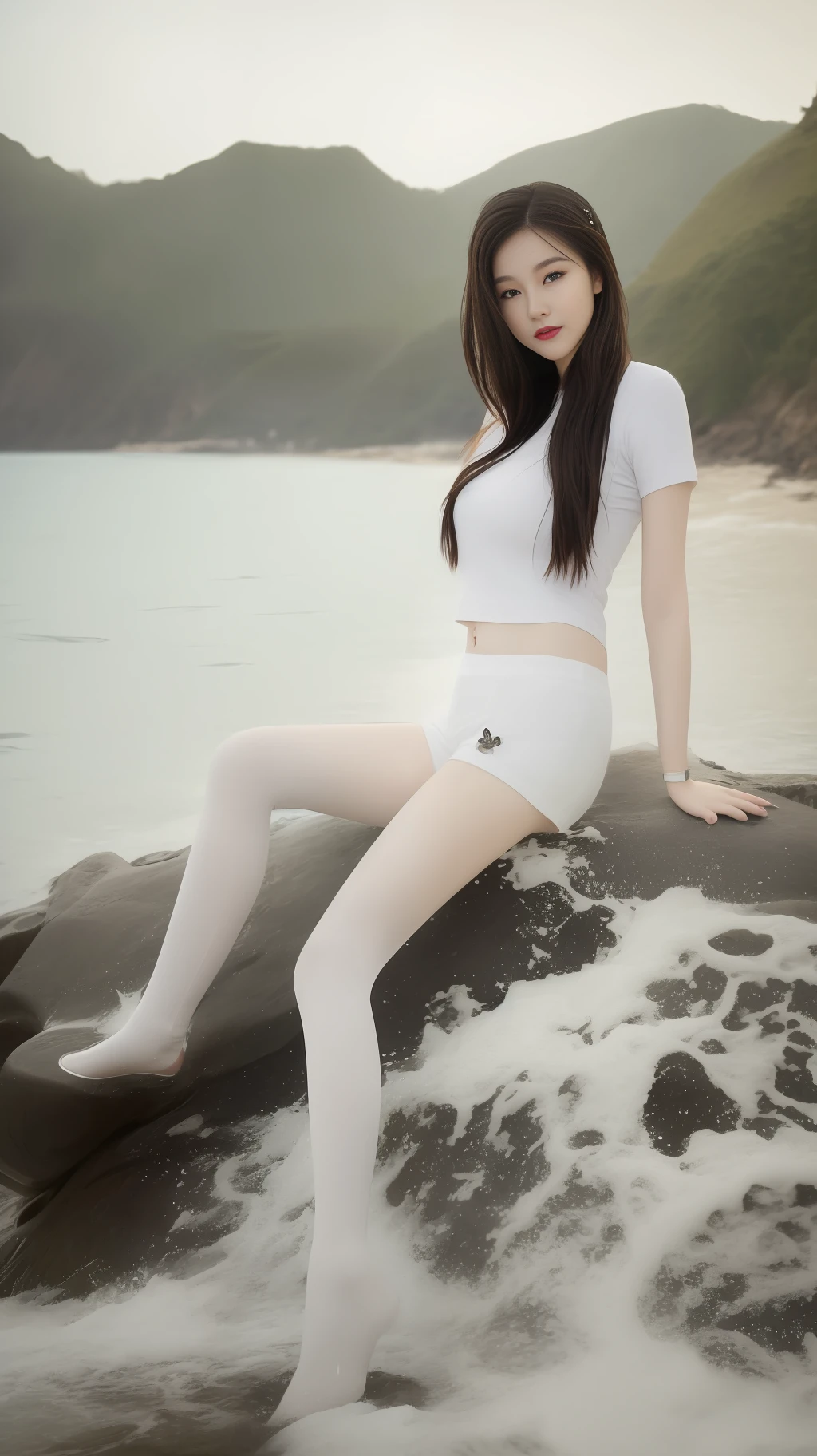 High quality, masterpiece, 8k, (1 girl, two ponytails), (sit diagonally on a rock, sea, waves, splash in background), smile, (professional wear, white t-shirt, butterfly pattern, white shorts, white stockings, white sneakers, thin and breathable material), summer, cool, seawater, waves, Gulangyu Island