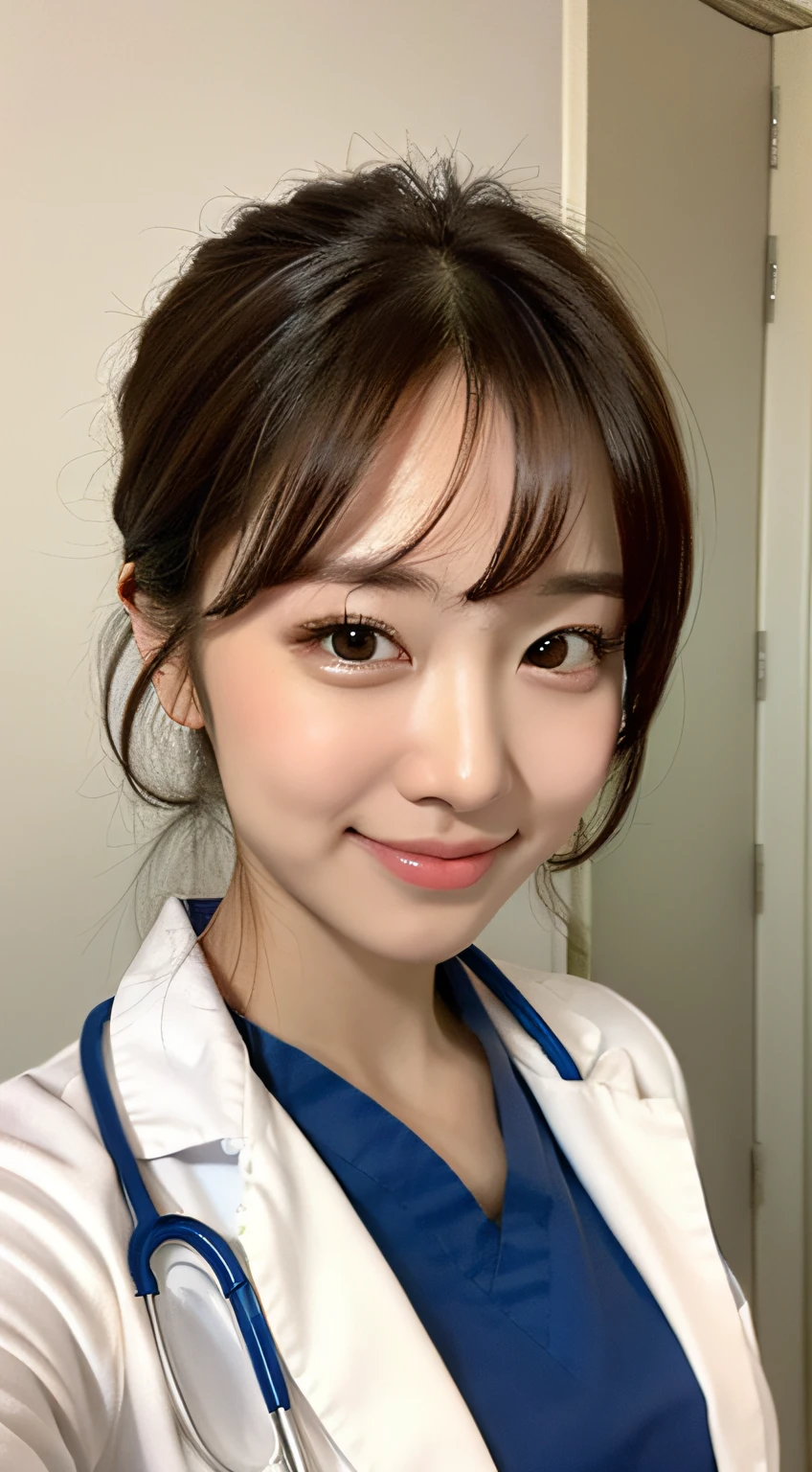 ((top quality, 8k, masterpiece: 1.3)), crisp focus, one girl, slim beauty: 1.2, brown hair, delicate hair, (big: 1.5), (layer cut), (short cut), detailed eyes, double eyelids, cute smile, mouth closed, (cute), soft skin, whole body, ultra-realistic, detailed hospital room, (cute female doctor who comes for detailed rounds), Hair bunched back, resolute face, adult woman, (detailed female doctor's uniform), upward