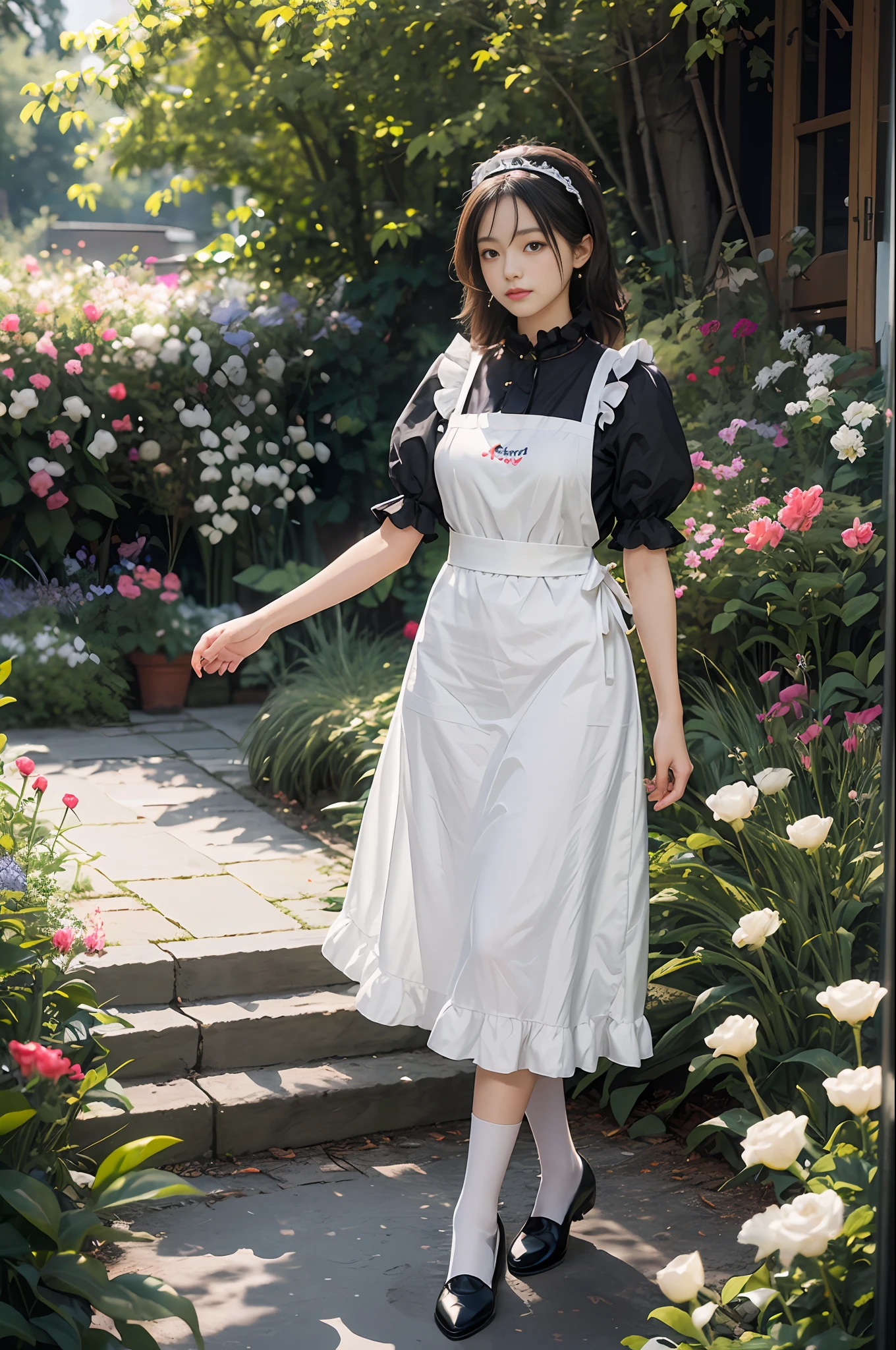 Top quality, masterpiece, ultra high resolution, (photorealistic: 1.4), raw photo, 1 girl, British maid, ruffled maid headband, blouse, black apron dress, long skirt, puff sleeves, white silk socks, black strap shoes, flower garden, glowing skin, standing figure