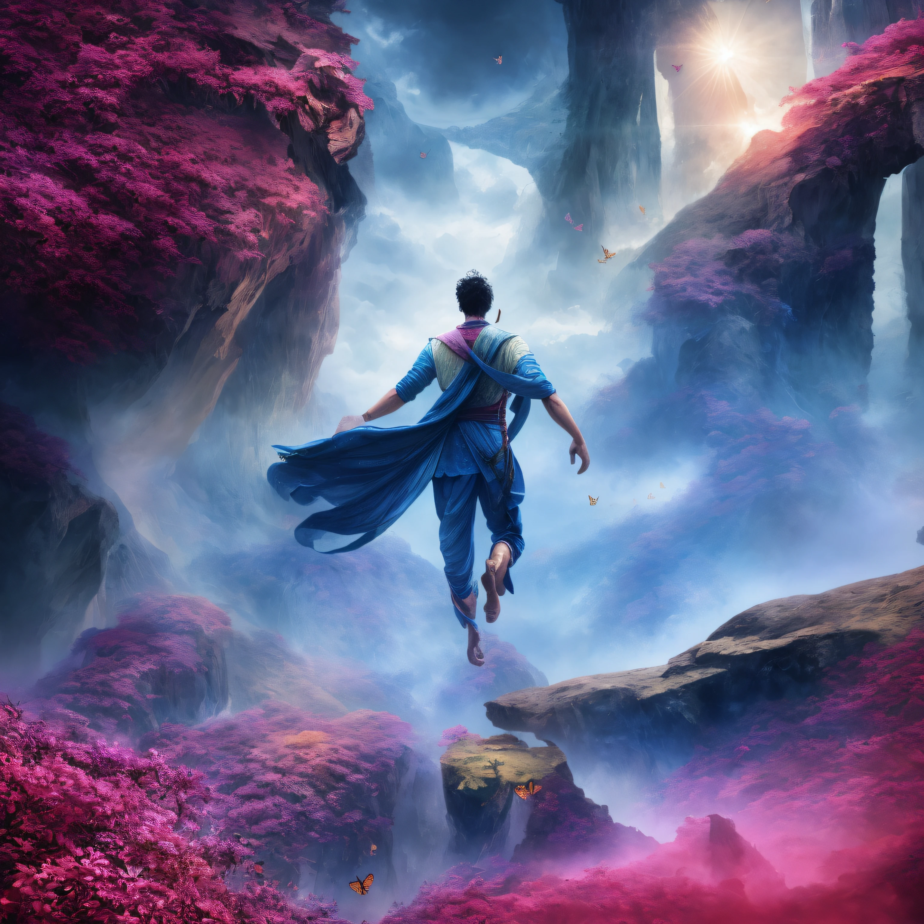 there is a man that is jumping over millions of butterflies, great india of year 2050, photorealistic, epic digital painting, 8k stunning artwork, fantasy moody cinematic, epic fantasy digital art style, 4k fantasy art, stunning digital painting, 8k fantasy art, 4k digital painting, 4 k digital painting