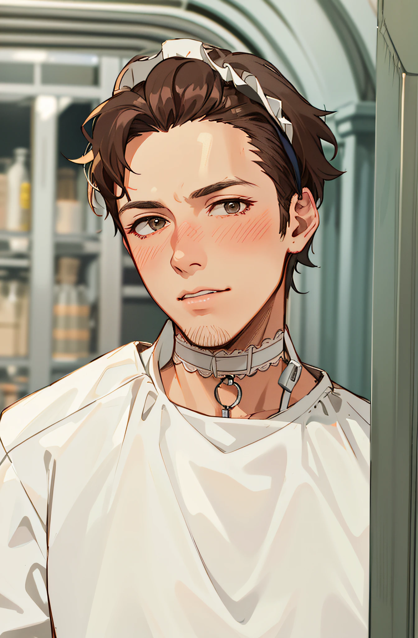 HD, (Best Details) (Best Quality), (((Maid Outfit))), Headdress, Headband, Frilled Skirt, Maid Apron, Lace Choker, Bow, (Maid Uniform: 1.1), Blush, There is a man standing by the fence holding a cell phone