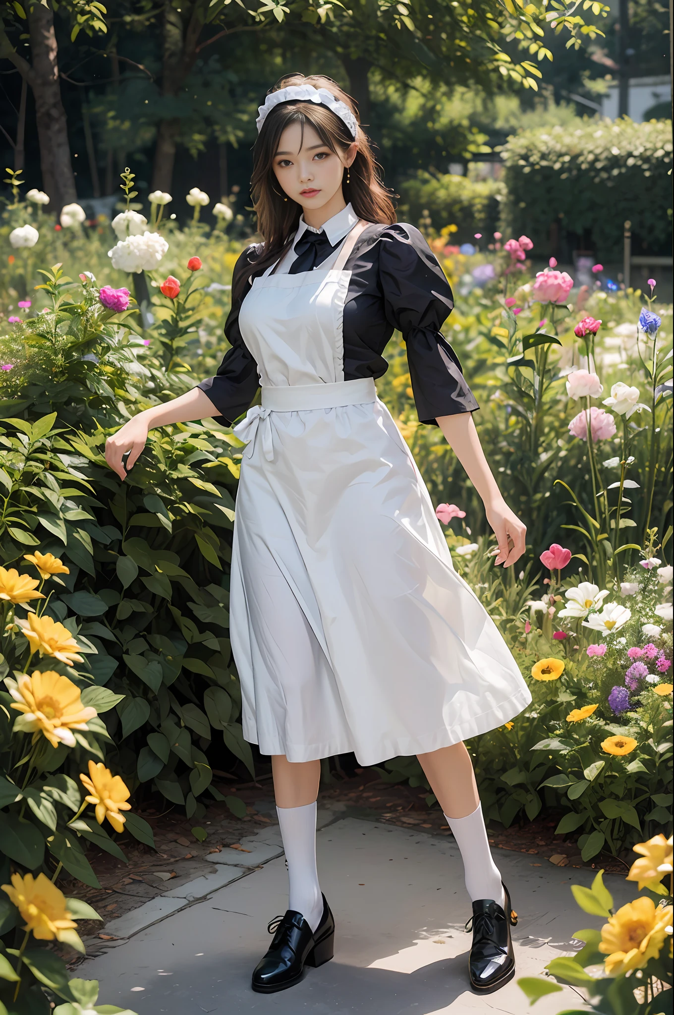 Top quality, masterpiece, ultra high resolution, (photorealistic: 1.4), raw photo, 1 girl, British maid, ruffled maid headband, blouse, black apron dress, long skirt, puff sleeves, white silk socks, black strap shoes, flower garden, glowing skin, standing figure