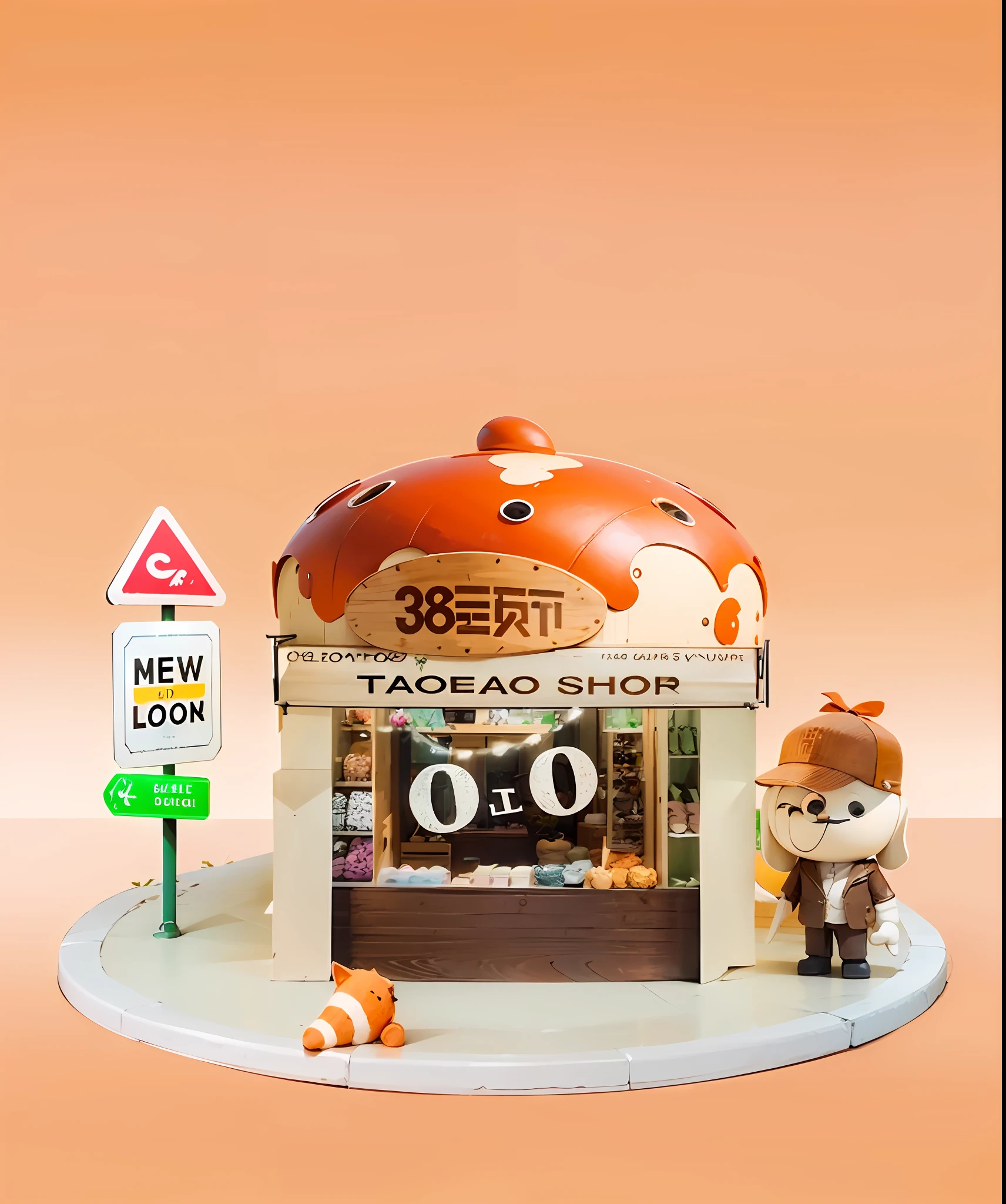 Lovely 3d rendering, round house, rich details, high quality, clear weather, pure simple background, bright color, round Hermès shop in the middle, roof is cowhide texture, house is wood, small elements around, high-grade leather, high-grade wood texture, beige elegance