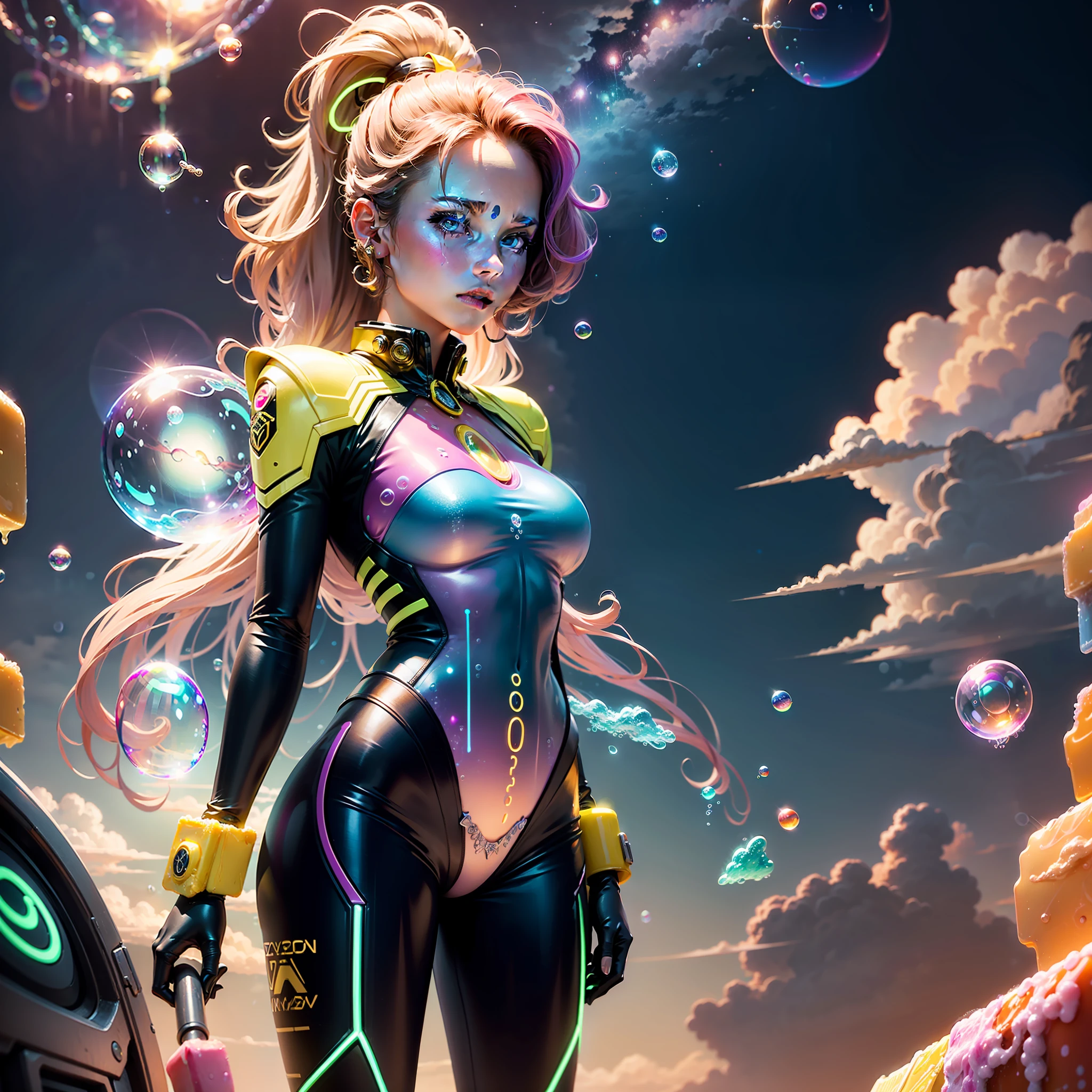 hd masterpiece, one standing woman space cadet looking at camera, detailed face, mid shot, golden suit, ((colorful clouds)) and (((neon soap bubbles))), jungles background