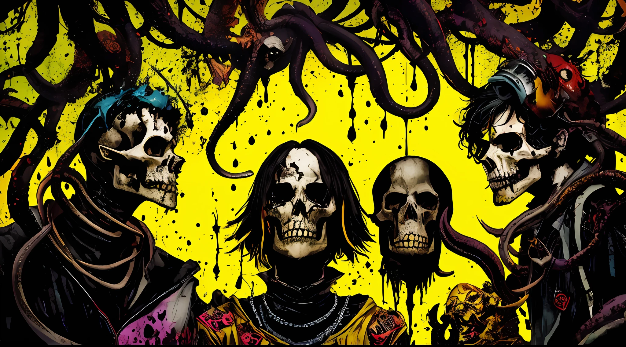 yellow and black, skulls faces with tentacles, in the style of Mork Borg, strong contrast, grunge dirty punk splash art, zine black metal, forest color splash background