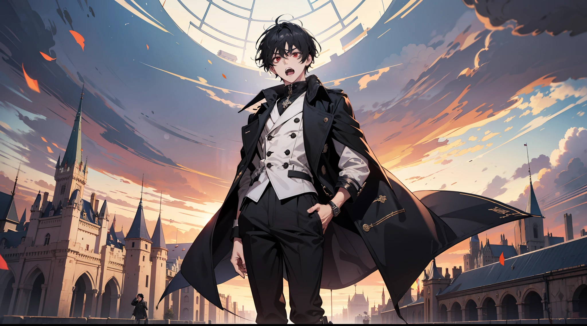 (Ridiculous, High Resolution), (Panorama), Boy, Red Eyes, Short Hair, Black Hair, White Clothes, Black Trench Coat, Black Long Pants, Black Boots, Open Mouth, Anger, Extreme Details, Palace, Castle, Square, Crowd.