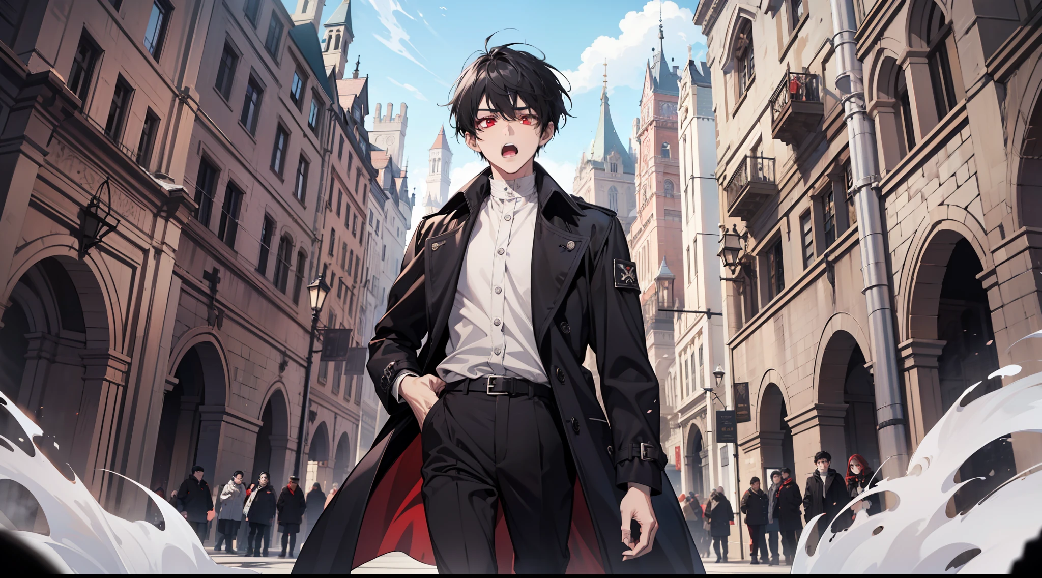 (Ridiculous, High Resolution), (Panorama), Boy, Red Eyes, Short Hair, Black Hair, White Clothes, Black Trench Coat, Black Long Pants, Black Boots, Open Mouth, Anger, Extreme Details, Palace, Castle, Square, Crowd.