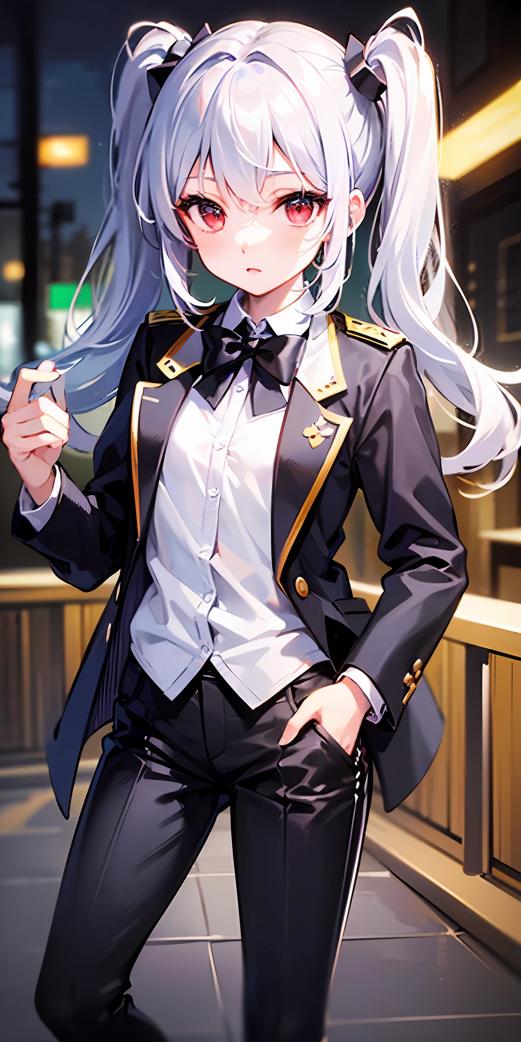 ((masterpiece)), (((best quality))), ((ultra-detailed)), ((illustration)), ((disheveled hair)),((solo)),((pov)),1girl, solo,loli,small chest,red eyes,silver hair,long twintails hair,Tuxedo uniform, black trousers,bar,full body,(depth of field), Pose put hands into your trouser pockets,
