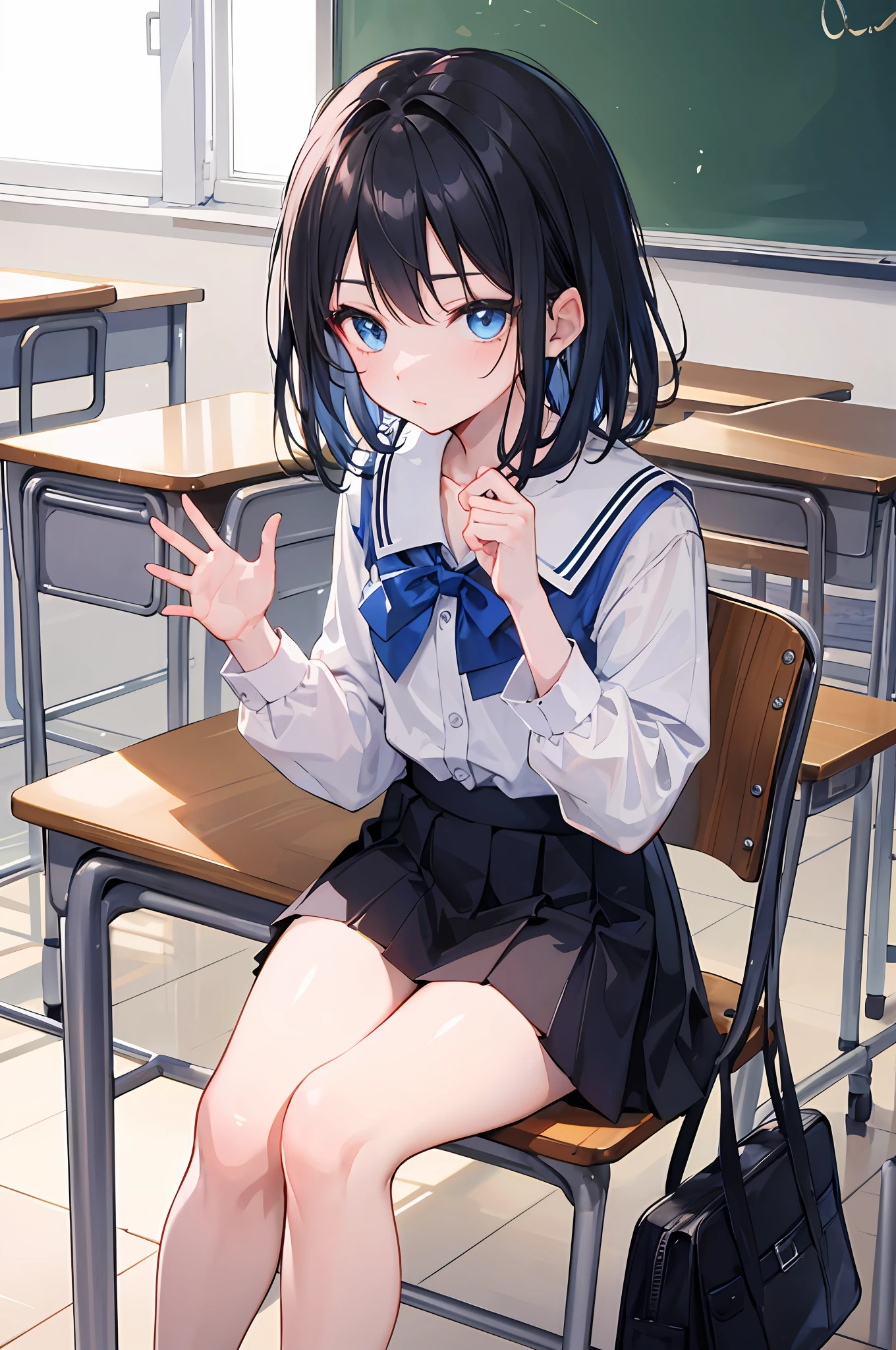 (1 boy:1.1), ,//, blue eyes and handbag,,black hair, campus, (classroom: 1.1), desk, blackboard, chest pat