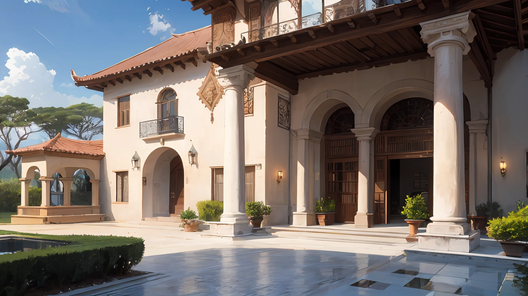 A majestic mansion with a unique architecture, combining African and Western influences. --auto