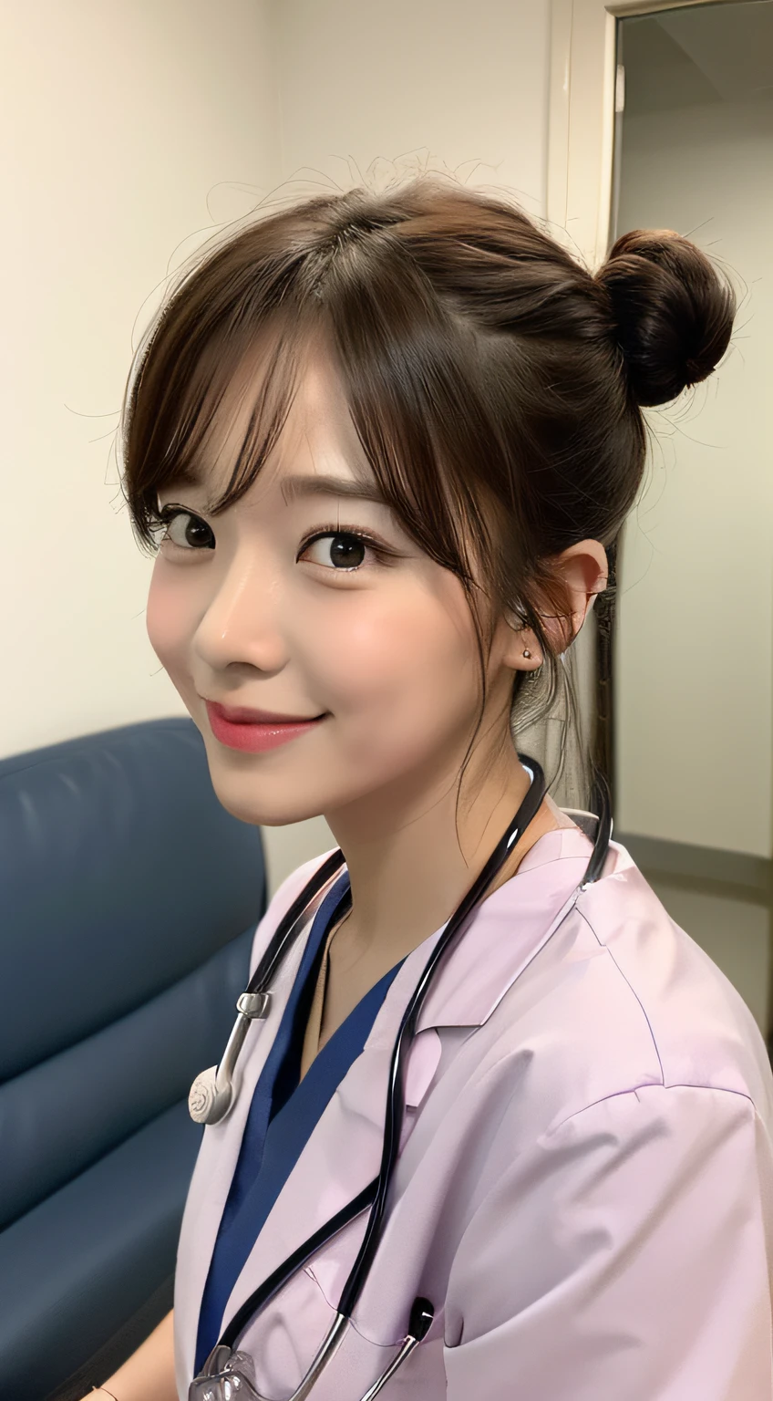 ((top quality, 8k, masterpiece: 1.3)), crisp focus, one girl, slim beauty: 1.2, brown hair, delicate hair, (big: 1.5), (layer cut), (short cut), detailed eyes, double eyelids, cute smile, mouth closed, (cute), soft skin, whole body, ultra-realistic, detailed hospital room, (cute female doctor who comes for detailed rounds), Hair bunched back, resolute face, adult woman, (detailed female doctor's uniform), upward