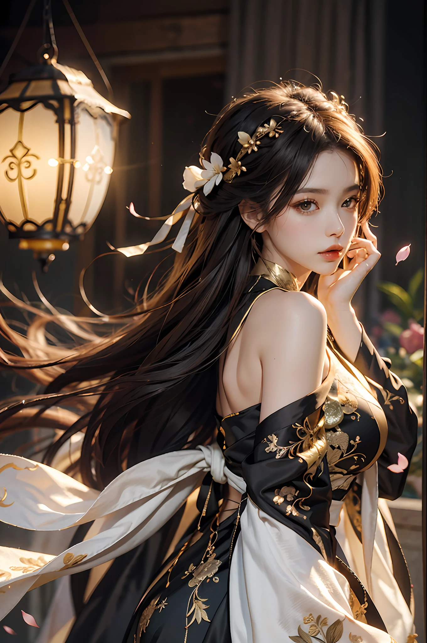 Superb Quality, Masterpiece, High Resolution, (Exquisite Body: 1.5), Beauty, Bare Shoulders, Extra Large Breasts (2.5) Wide Buttocks, Thin Waist, Stunning Beauty, (Milky Skin: 1.3), Exquisite Details, High Resolution, Wallpaper, 1 Woman, Solo, Dress, Hair Accessories, (((Golden Black Dress)) ), Flower, Long Hair, Brown Hair, Shut Up, Accessories, Long Sleeves, Raised Hands, Wide Sleeves, Big Eyes, Flowing Hair, Hanfu, Hanfu, Embroidery, Long Dress, Natural Pose, Falling Petals, Indoor, Fanning, Lantern, 16K, HDR, High resolution, depth of field, (film grain: 1.1), Bocon, prime time, (lens flare), vignetting, rainbow, (color grading: 1.5)
