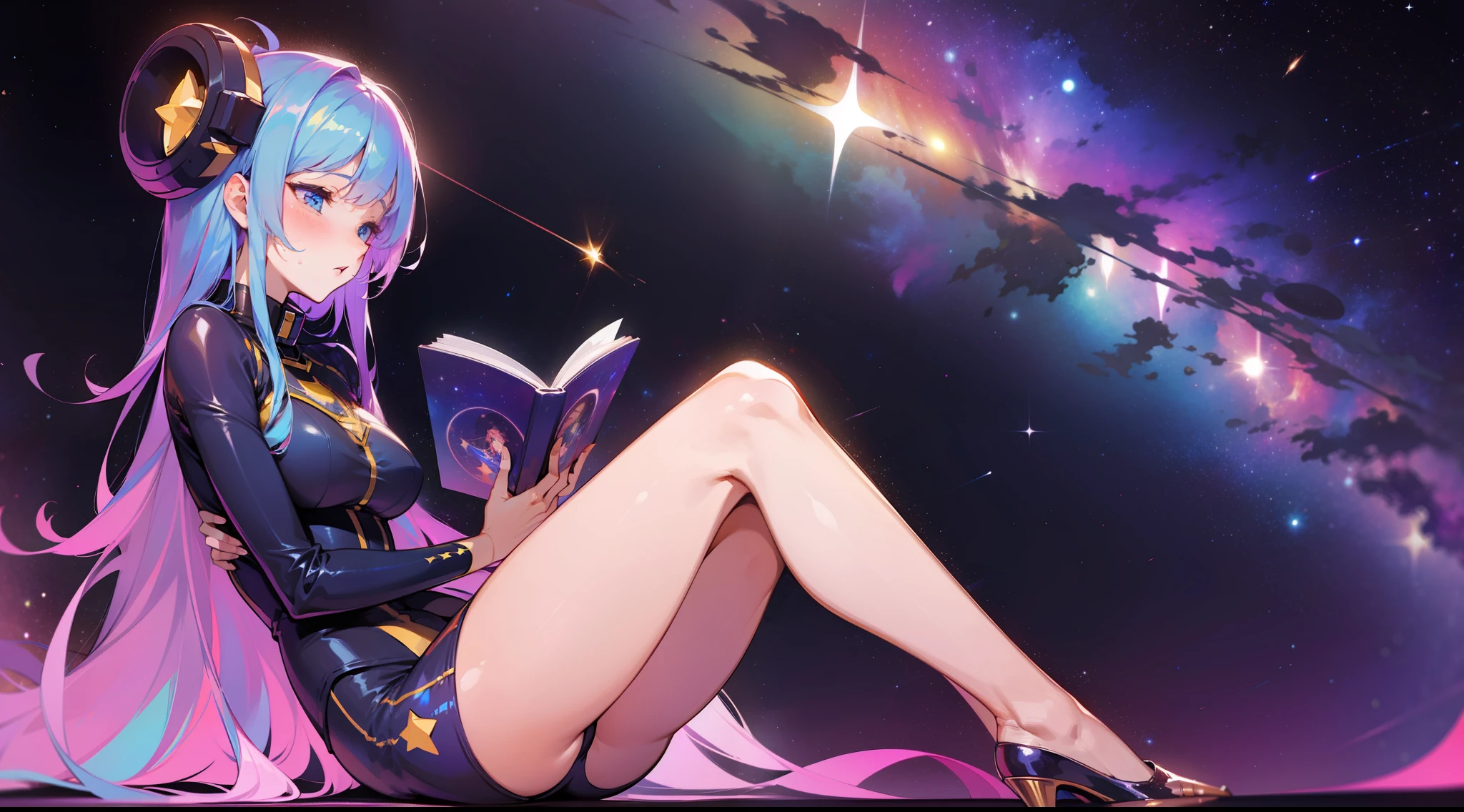 a sensual woman sitting in the stars and reading a colored shining book, rainbow colored cosmic nebula sky background, stars, galaxies, sexy, legs