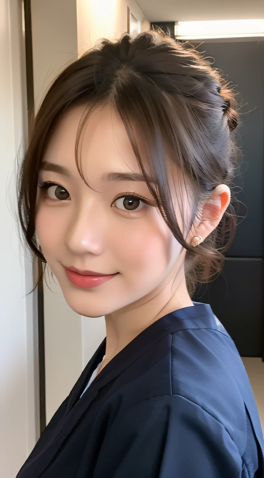 ((top quality, 8k, masterpiece: 1.3)), crisp focus, one girl, slim beauty: 1.2, brown hair, delicate hair, (big: 1.5), (layer cut), (short cut), detailed eyes, double eyelids, cute smile, mouth closed, (cute), soft skin, whole body, ultra-realistic, detailed hospital room, (cute female doctor who comes for detailed rounds), Hair bunched back, resolute face, adult woman, (detailed female doctor's uniform), upward