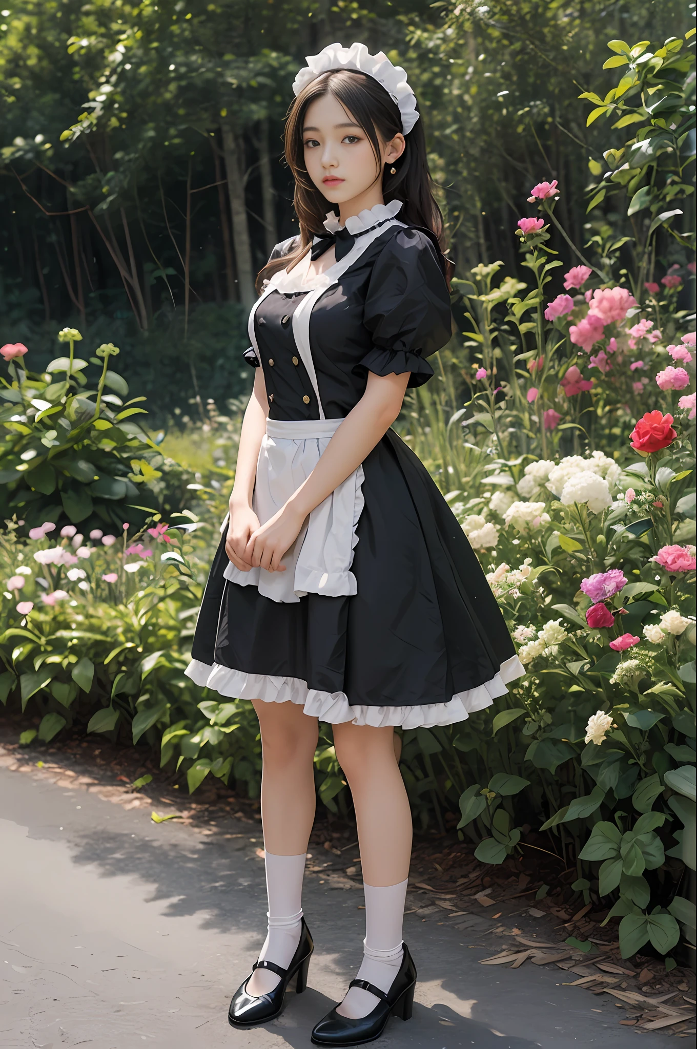 Top quality, masterpiece, ultra high resolution, (photorealistic: 1.4), raw photo, 1 girl, British maid, ruffled maid headband, blouse, black apron dress, long skirt, puff sleeves, white silk socks, black strap shoes, flower garden, glowing skin, standing figure