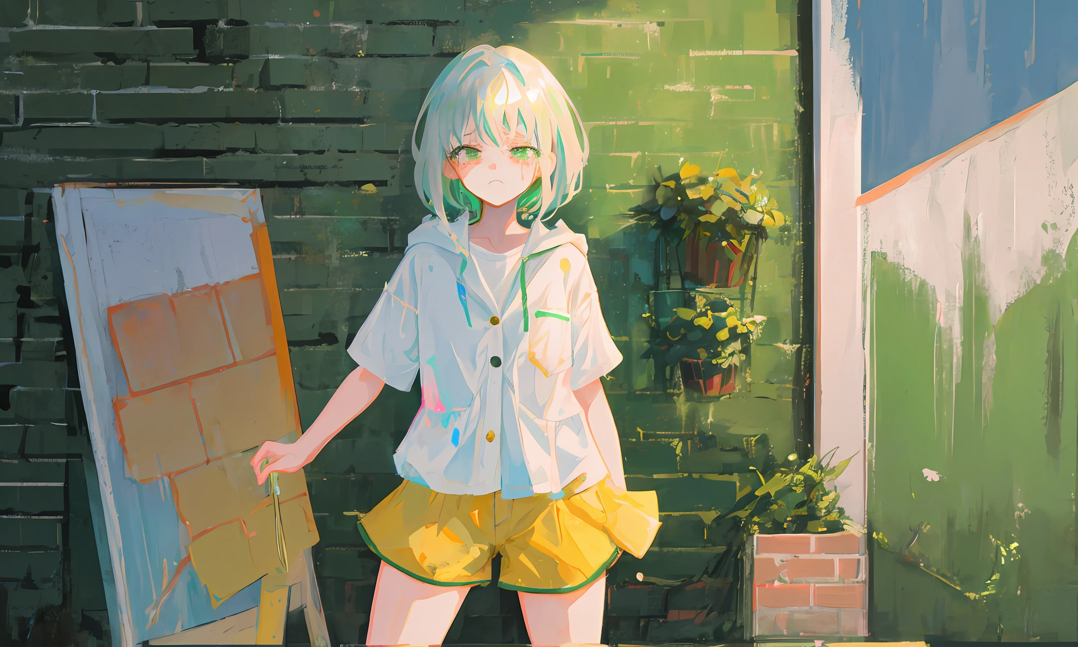 Anime girl, full-length, short white hair, green eyes, white shirt with unbuttoned top buttons, medium-length shorts, green sneakers, background with a brick wall drenched in paint, sad beautiful face, open thick thighs, embarrassment and surprise on a sad face
