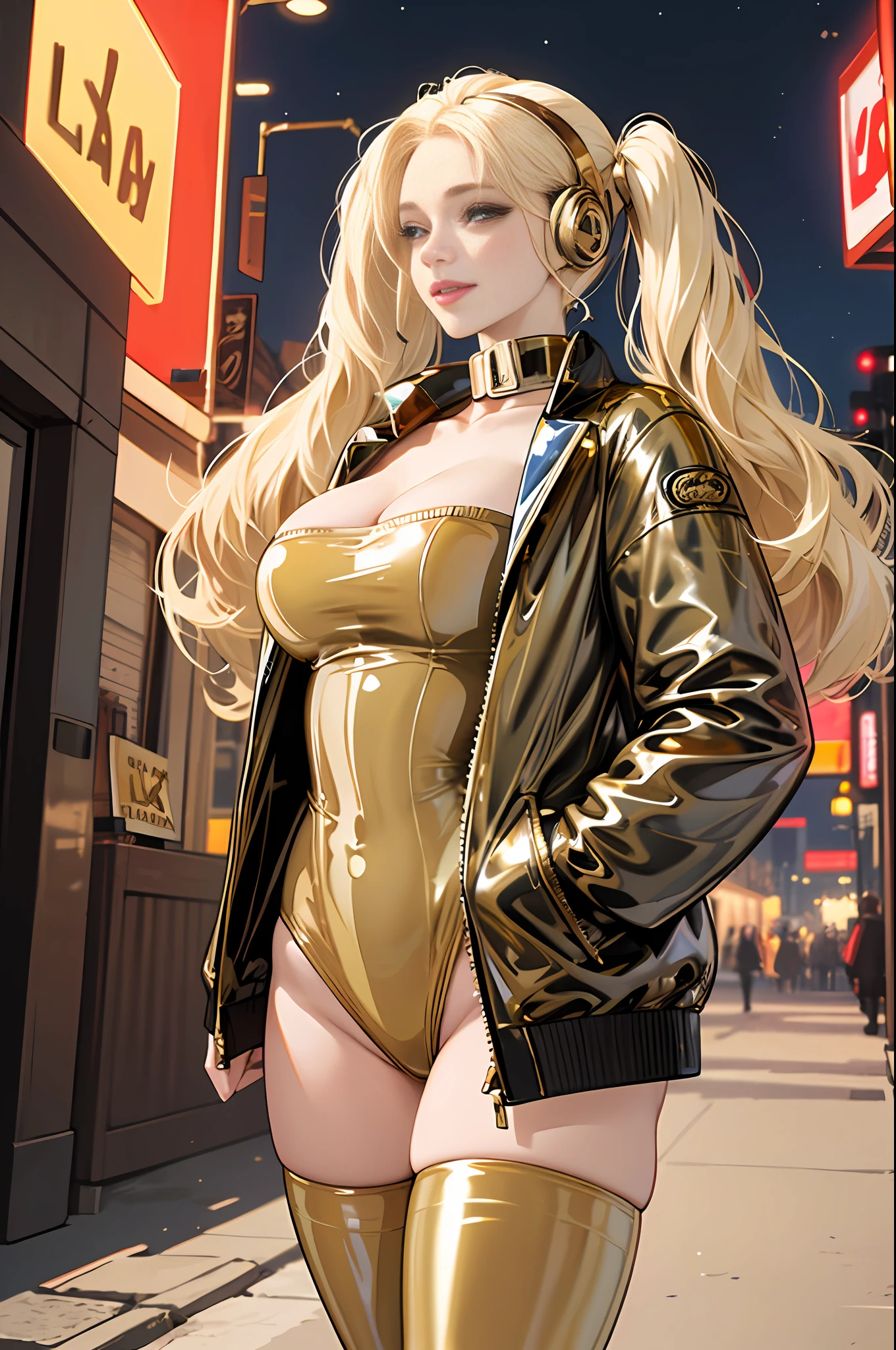 mature woman, (huge breasts:1) ,(bimbo:1) , (gold latex:1.8), gold strapless latex leotard , (big lips:1) , thighhighs, girl, walking, nighttime, cyberpunk street, neon sign, (bondage:1), glasses, (platinum blonde hair:1.5) ,long hair, twintails, (headphones:1), slave collar, high-quality, masterpiece, 4k, 8k, (wearing an open puffer jacket:1), (forehead:1), swept bangs, seductive smile, (detailed face:1)