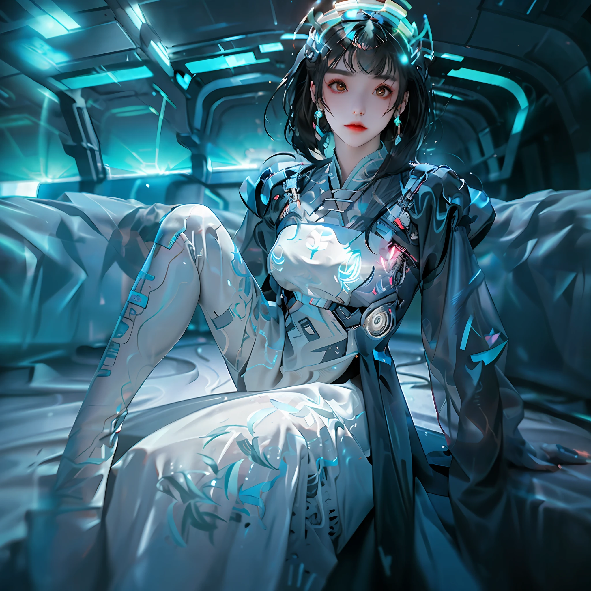(Cyberhanfu, Hanfu, Tang style, futuristic, high-tech city, girl, dynamic pose, hair accessories, long hair, tiara, cyberpunk city, holographic halo, fluorescent, futuristic elements)