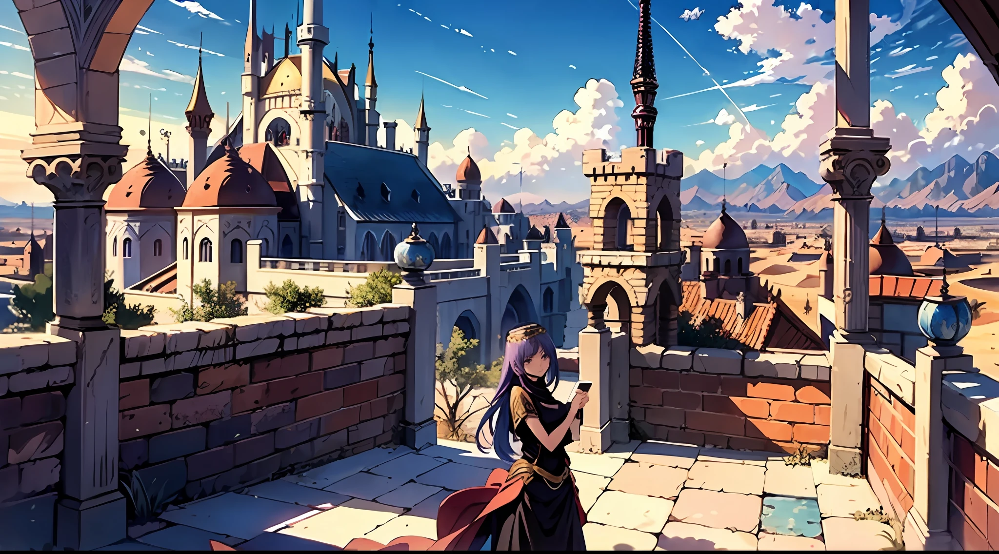 (magnificent masterpiece, top-notch quality) Anime artwork with a captivating Fantasy theme, featuring vibrant colors and a charming blend of blue sky, located in desert, purple rooftop, Arabian looking enchanting castle