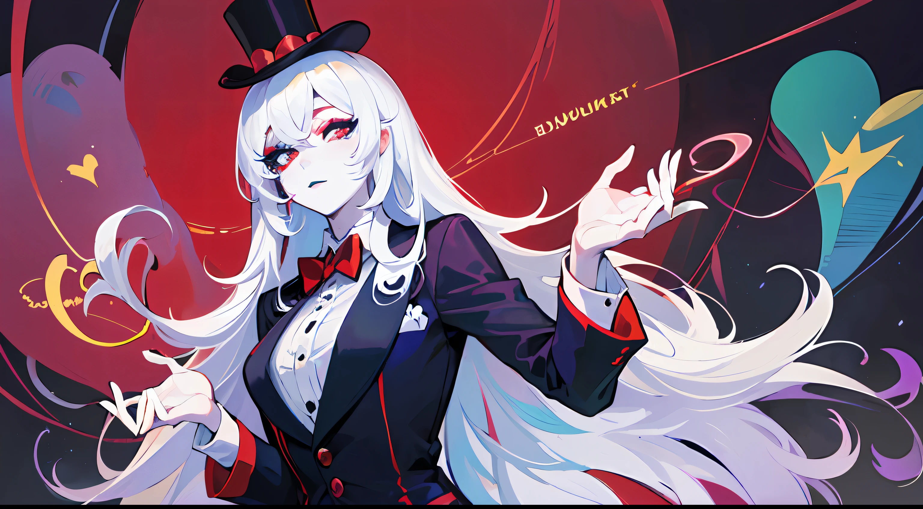 ((Masterpiece)), ((Best Quality)), ((Best Quality)), (Illustration of One Girl), Emerald Green Long Hair, (((Tall)), (White Skin), Red Eyes, Blue Eyeliner, ((Makeup with a heart symbol around the left eye)), ((Tuxedo)), (Top Hat)), Clown, (Circus)