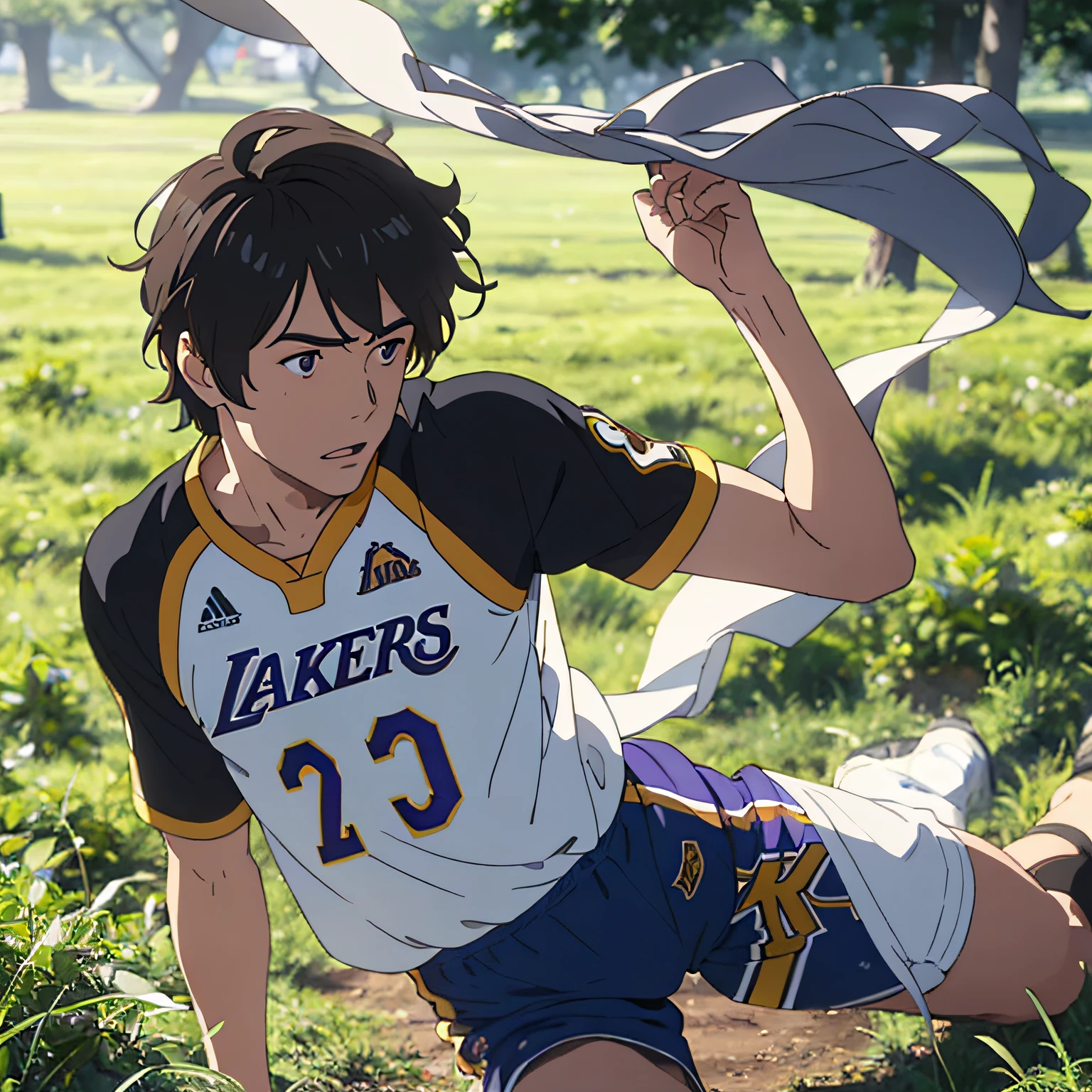 An anime boy, with hair that covers his face running on the grass, with a Lakers jersey. He dashes through the vibrant green meadow, his feet barely touching the ground. The wind rustles his long, untamed locks, obscuring his face in an air of mystery. The vibrant purple and gold of the Lakers jersey stands out against the natural backdrop, symbolizing his unwavering passion for the game. The sunlight filters through the leaves, casting a warm glow on the scene, highlighting the boy's determined expression. Photo taken by Annie Leibovitz with a Nikon D850 and a telephoto lens. The lighting is a mix of natural sunlight and studio lighting, creating a dynamic interplay of light and shadow. 8K, Ultra-HD, Super-Resolution. --v 5 --q 2
