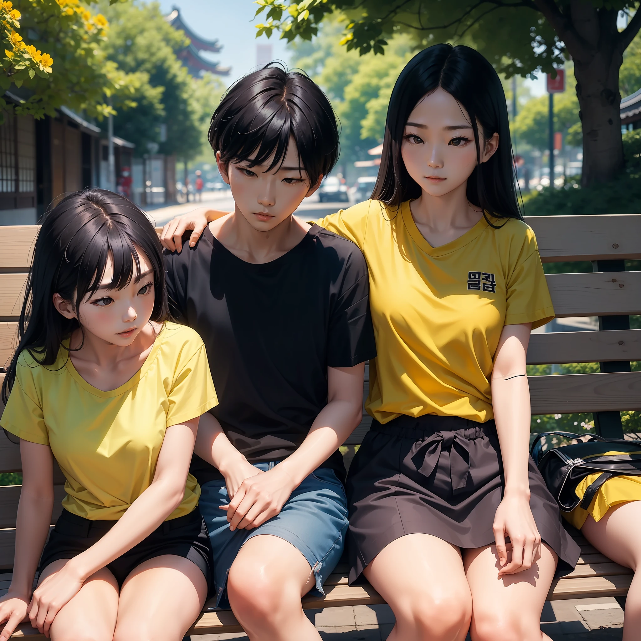 Three friends sitting on a bench (1 Korean with black shirt, 1 Chinese with yellow shirt, 1 Japanese with white shirt) --auto