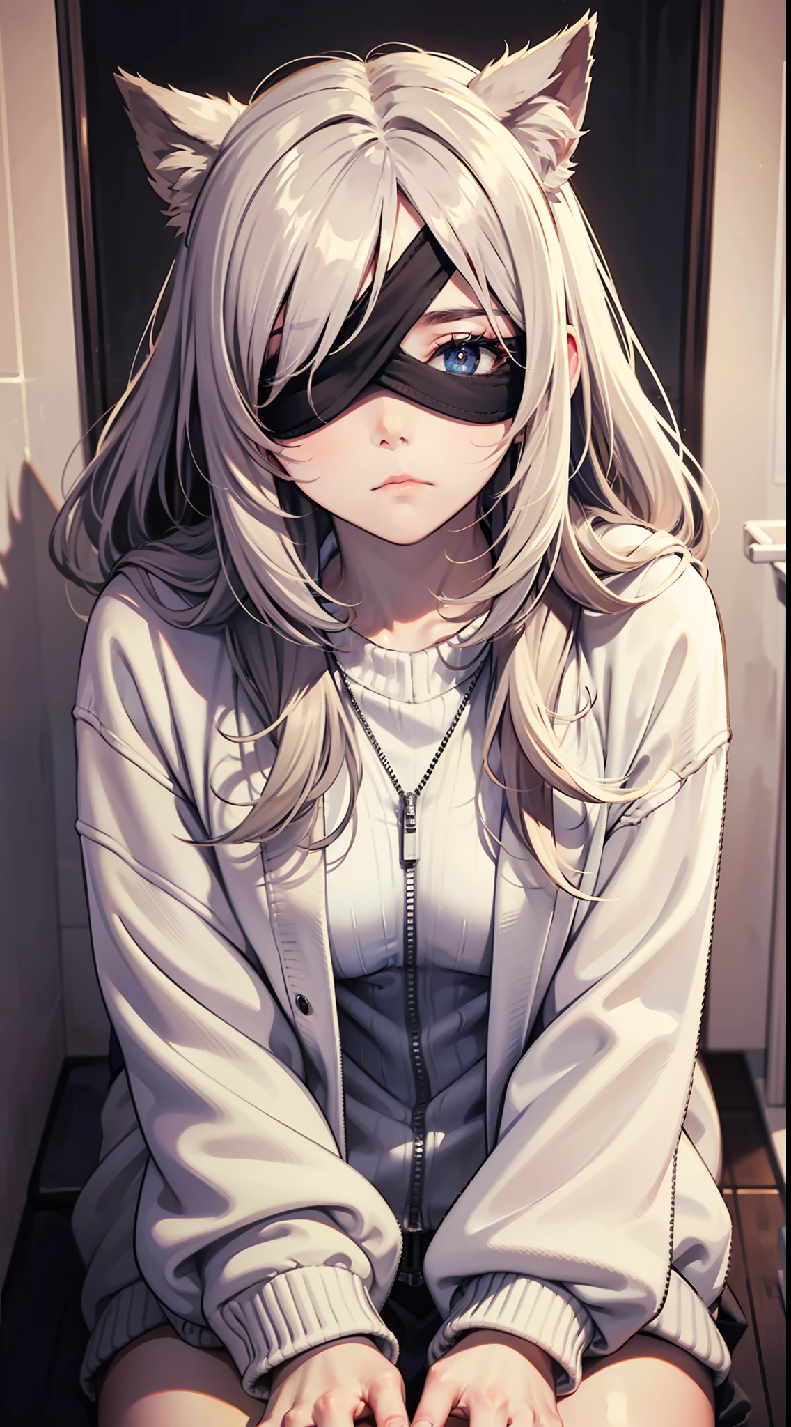 Reasoning|Mystery, looking down|looking down, heart-shaped pupils, magentahair, white|white sweater jacket, blindfold, frown, sitting wariza , sunset , bathroom, bathroom ,