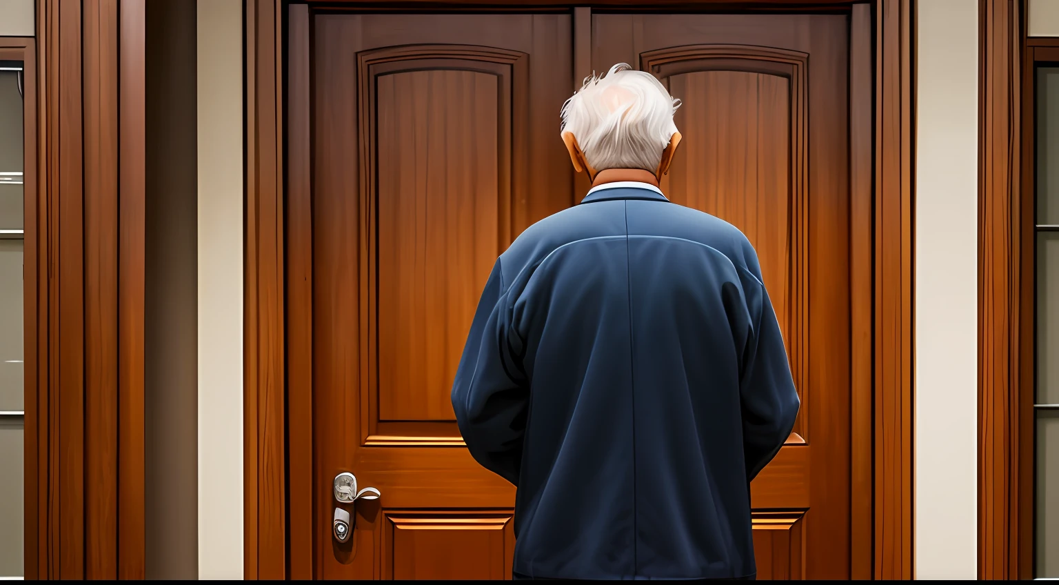 An old man, with his back to the audience, standing in the school hallway, (knocking on the door) --auto