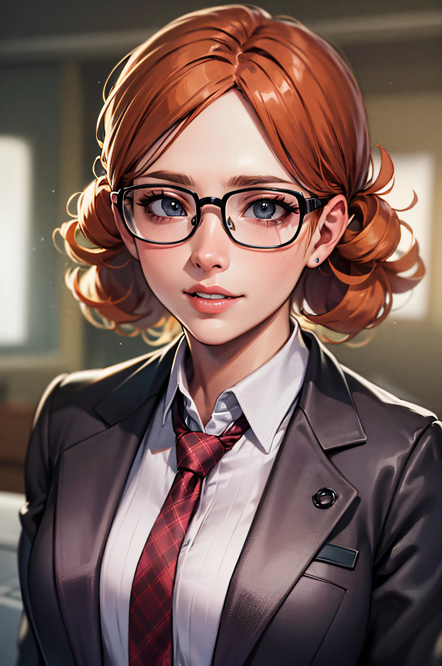 Masterpiece, Best quality, beautiful women with (curly:1.3) (short:1.3) orange hair being a pinstriped office suit, burberry skirt, rectangle glasses, talking to a jury in court High reflection, absurd collar, clear focus, low lighting, global illumination, depth of field, 8K, wallpaper, dramatic shadows, (realism) surrealism, award-winning 3D rendering, trends on CGSociety, smile, (realism: 1.3)