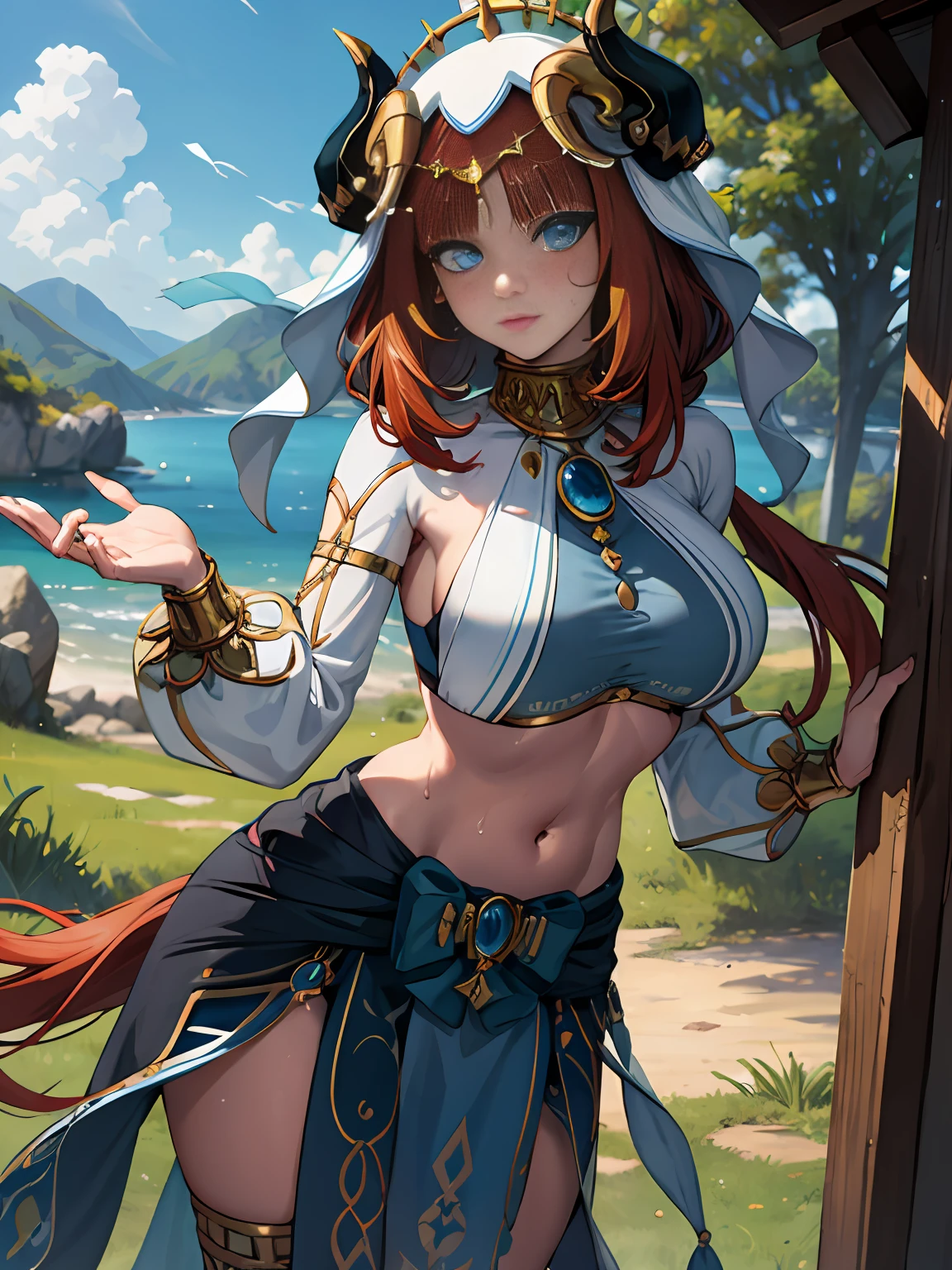 masterpiece, best quality, sweating, big breasts, visible bellybutton, ultra detailed, ultra-detailed eyes, looking at viewer, niloudef, outdoors, standing,