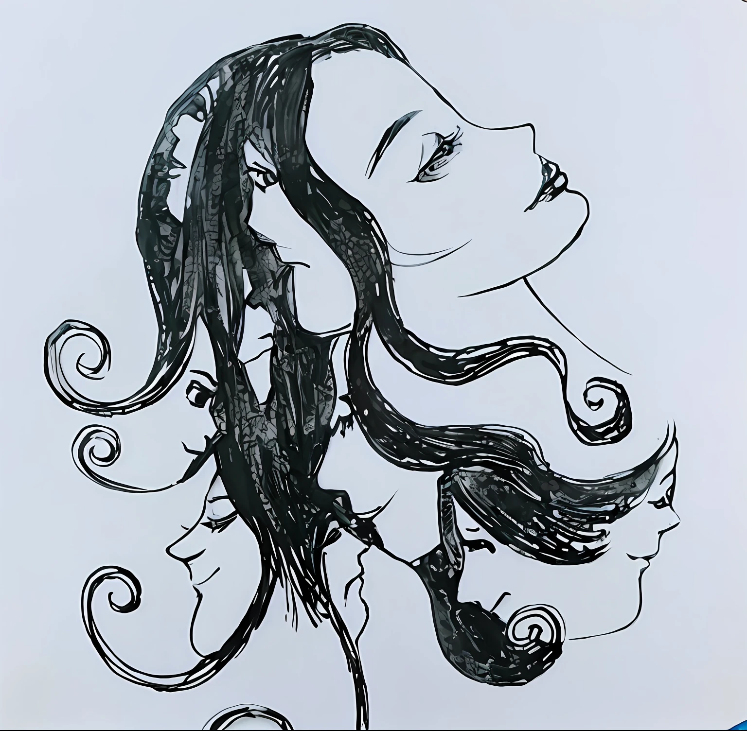 Draw a woman with long hair and a cat on her shoulders, multiple faces, ink artwork, side contour artwork, ink painting, pen and ink illustration, ink painting, pen and ink style, ink illustration, art painting, flowing hair, ink pen sketch, ink and charcoal illustration, silhouette of a woman, ink sketch, pencil and ink drawing, ink drawing 4K 8K