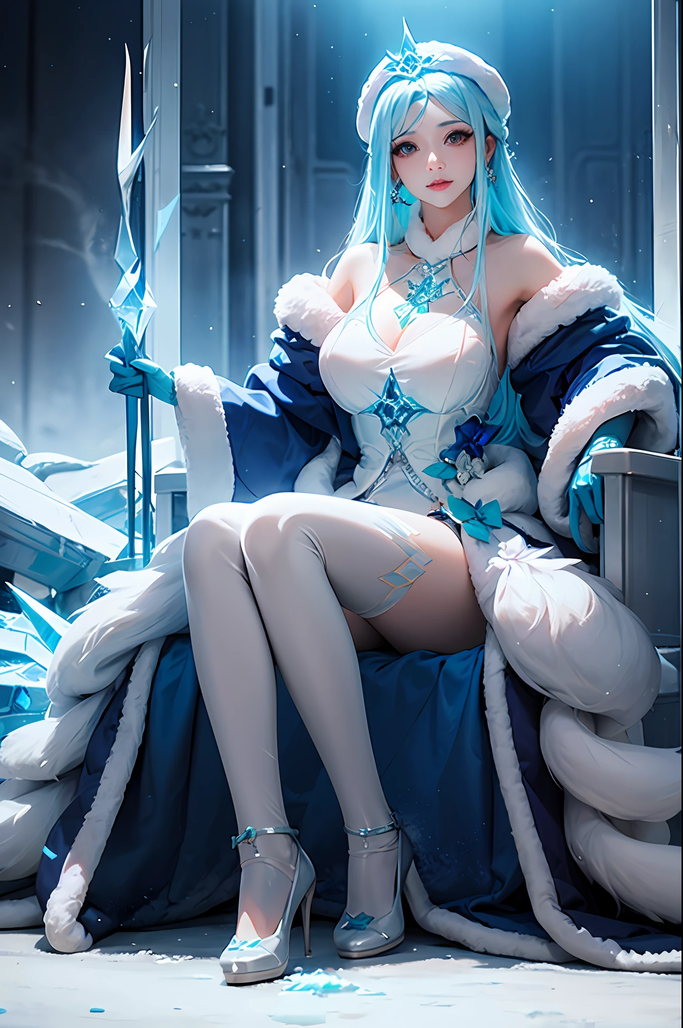 ulzzang-6500-v1.1, (original photo: 1.2), ((realistic: 1.4)), Wang Zhaojun in the glory of kings, best quality, masterpiece, illustration, extremely delicate beauty, extremely detailed, CG, unity, 8k wallpaper, amazing, fine details, best quality, official art, extremely detailed CG Unity, 8k wallpaper, ridiculous, incredibly ridiculous, huge file size, super detailed, high resolution, very detailed, beautiful meticulous girl, Extremely detailed eyes and face, beautiful detail eyes, light on face, movie lighting, 1 girl, full body, in the ice palace, ice throne, girl sitting on throne, wearing ice crown, light headdress, white skin, see-through, looking at the audience, ice crown, outdoor fur trimming coat, fur trimming sleeves, fur trimming hood, fur trimming gloves, slim figure