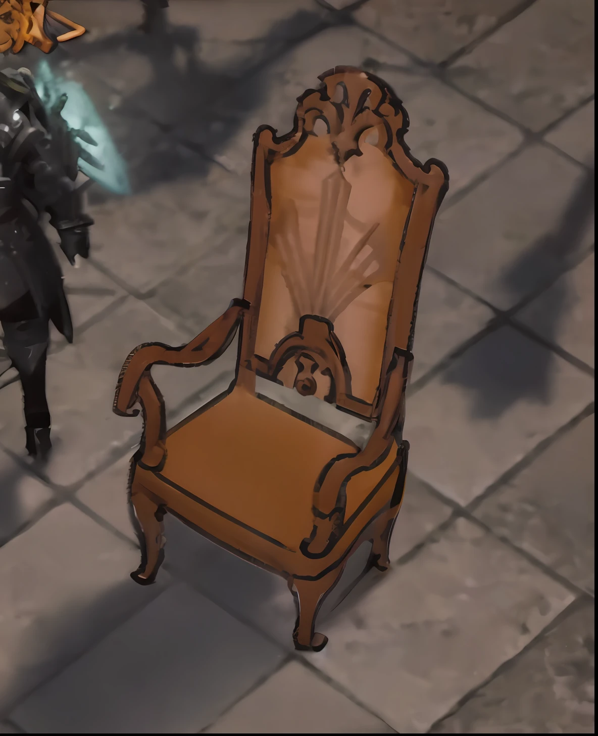 Best quality, Unreal Engine, with a chair sitting on a tiled floor, broken throne, monster graveyard chair, chair, single chair, sitting on a throne, throne, golden throne, golden throne, sitting on fancy chair, single chair brass, sitting on a gilded throne, sitting on an intricate throne, carved wood chair, glowing throne, black chair, sitting on a throne