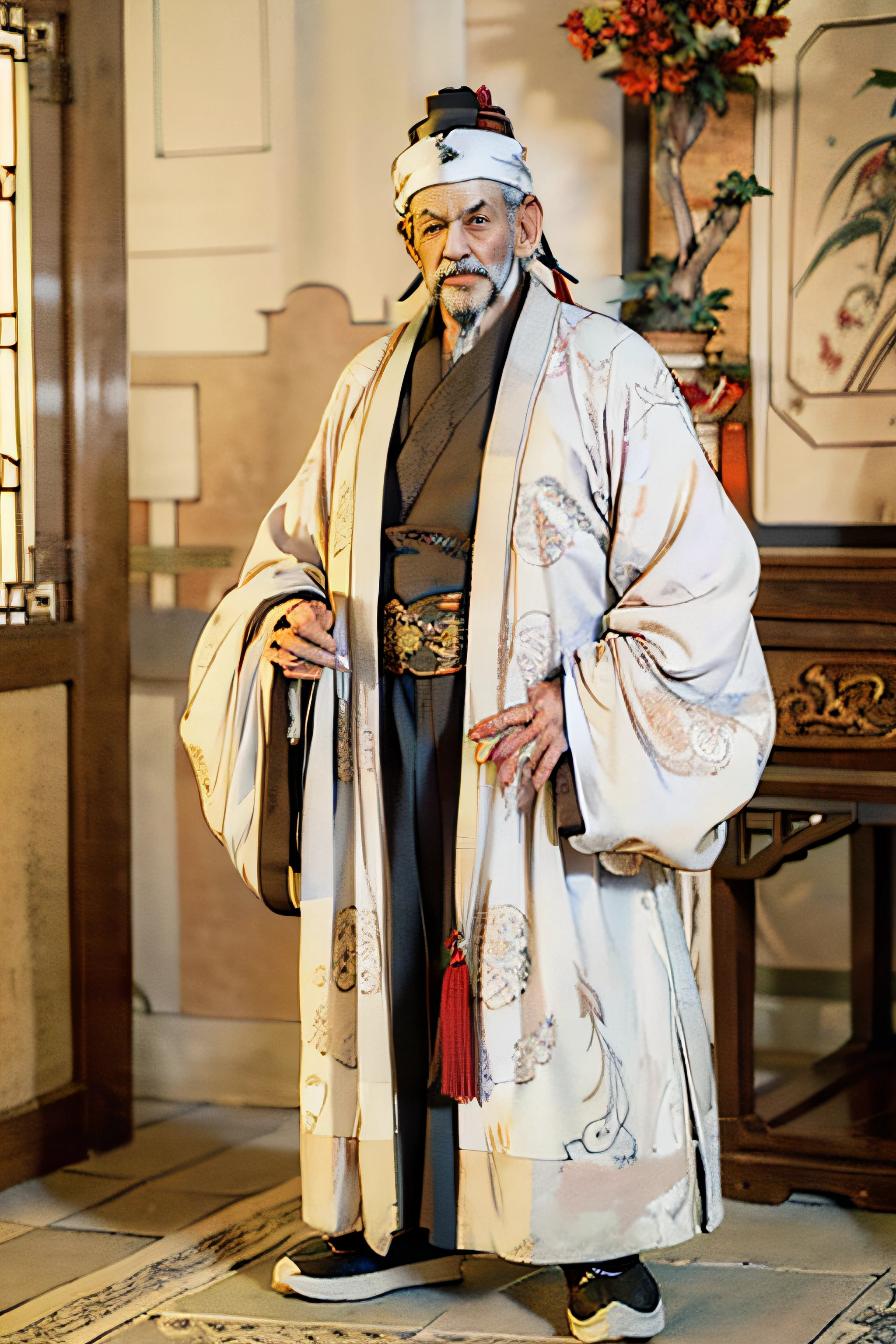 (((best quality)))),((ultra-detailed))),((Masterpiece))), Ancient China, 1boy, male official, standing, inside the palace, holding a fan, old man, white beard, wrinkles, ancient clothing, positive perspective