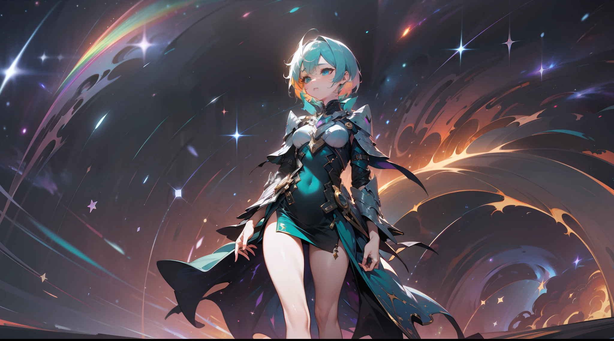 a woman, wildly rainbow colored short hair, dark fantasy, teal sensual and short dress, barefoot, standing, cosmic nebula background, stars, galaxies