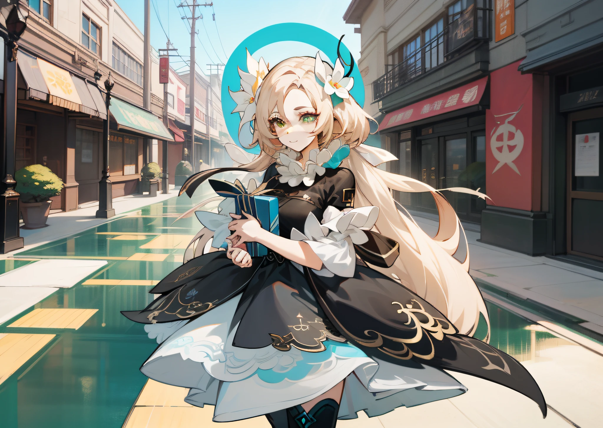 blond haired woman in costume holding a box and a chain, anime girl cosplay, anime cosplay, cosplay photo, ornate cosplay, shadowverse style, belle delphine, cosplay, professional cosplay, keqing from genshin impact, blonde anime girl with long hair, cosplayer, anime girl in real life, hatsune miku cosplay, zhongli from genshin impact
