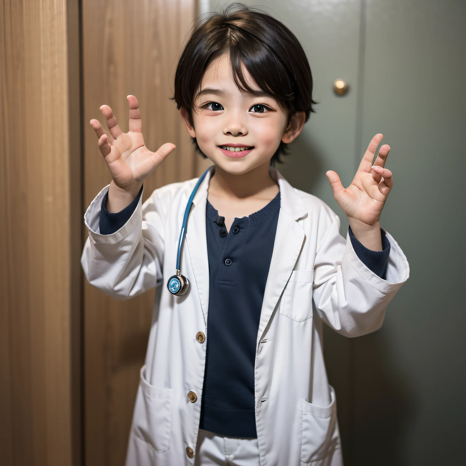 A CUTE LITTLE 8 YEAR OLD BOY, handsome, happy face, smile, junior doctor, kid wearing doctor white coat