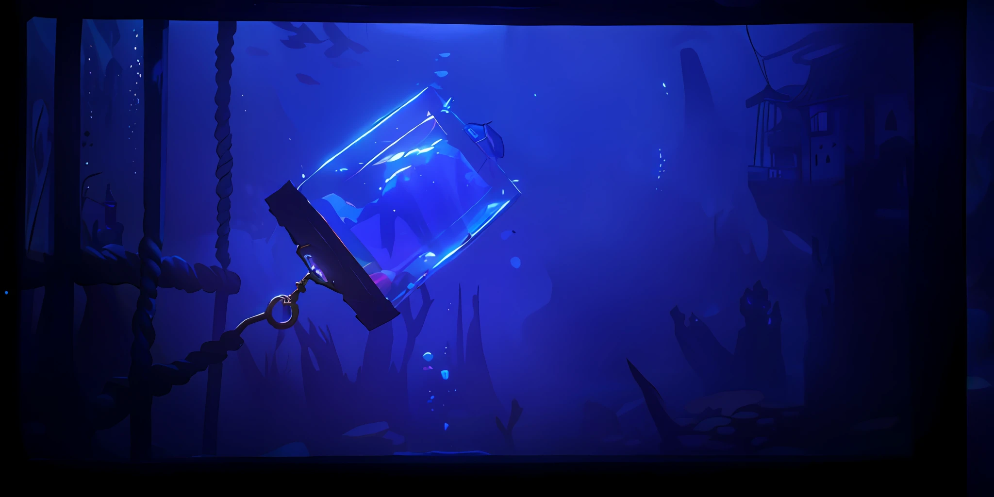 In the dark there are clear plastic bags, black house rope, floating out of the cage, bags with cards, video stills, stereoscopic underwater lighting, dark underwater scenes, underwater vision, suspended underwater, underwater ink environment, movie clips, dark blue lighting, IMAX 7. 0mm lens, iron cage in the deep sea, underwater, anime style,