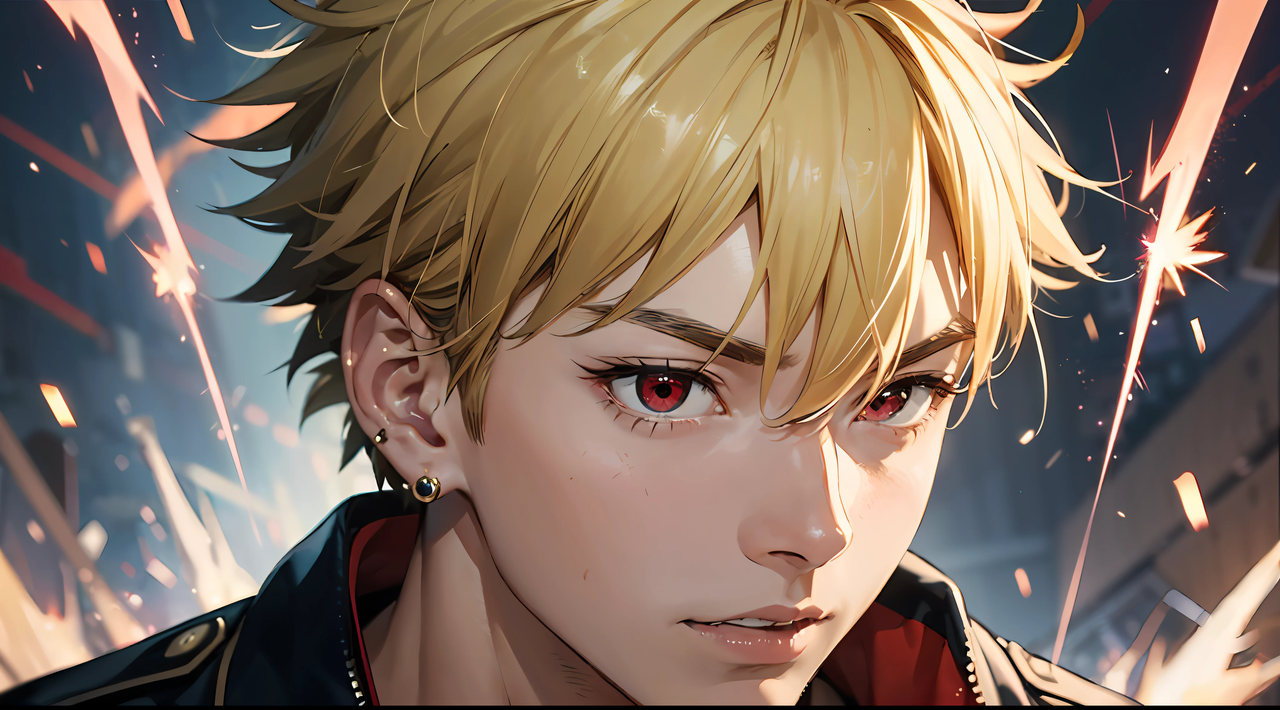 ((masterpiece, top quality, super definition, high definition)), one young man, Katsuki Bakugo, My Hero Academia, Blonde short hair, shining eyes, perfect red eyes, 25 years old, black outfit, grimace, earrings, hands in front of face, sparks,