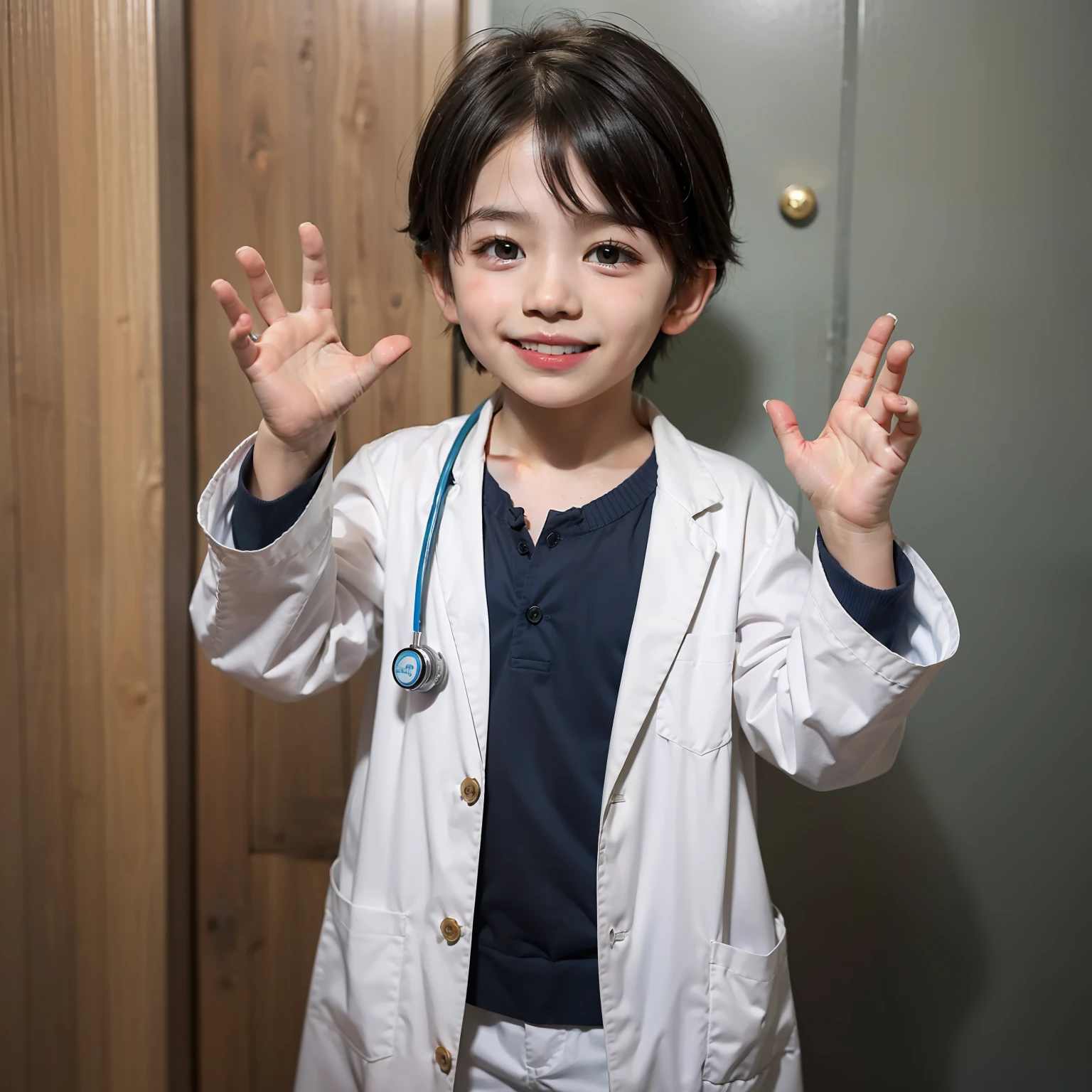 A CUTE LITTLE 8 YEAR OLD BOY, handsome, happy face, smile, junior doctor, ??? wearing doctor white coat