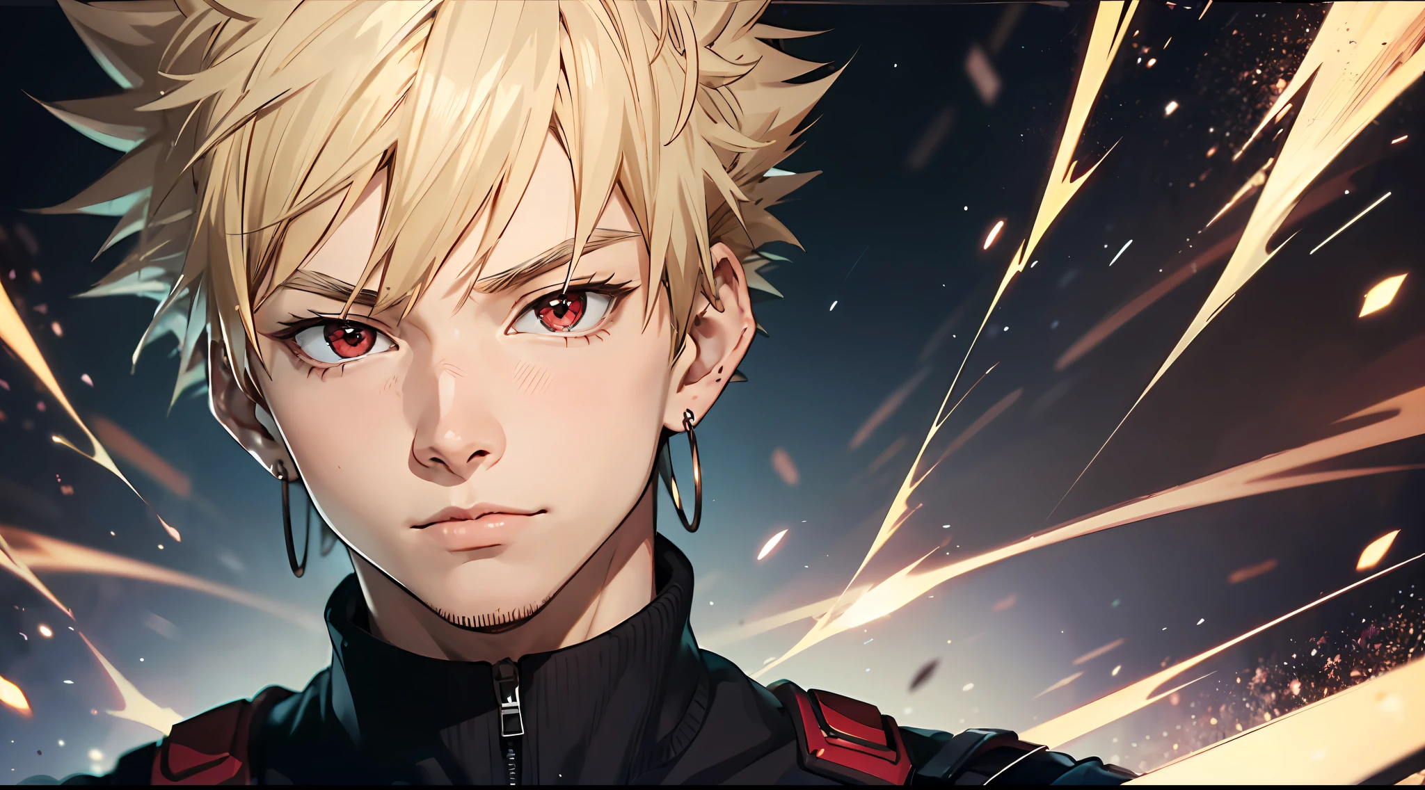 ((masterpiece, top quality, super definition, high definition)), one young man, Katsuki Bakugo, My Hero Academia, Blonde short hair, shining eyes, perfect red eyes, 25 years old, black outfit, grimace, earrings, hands in front of face, sparks,