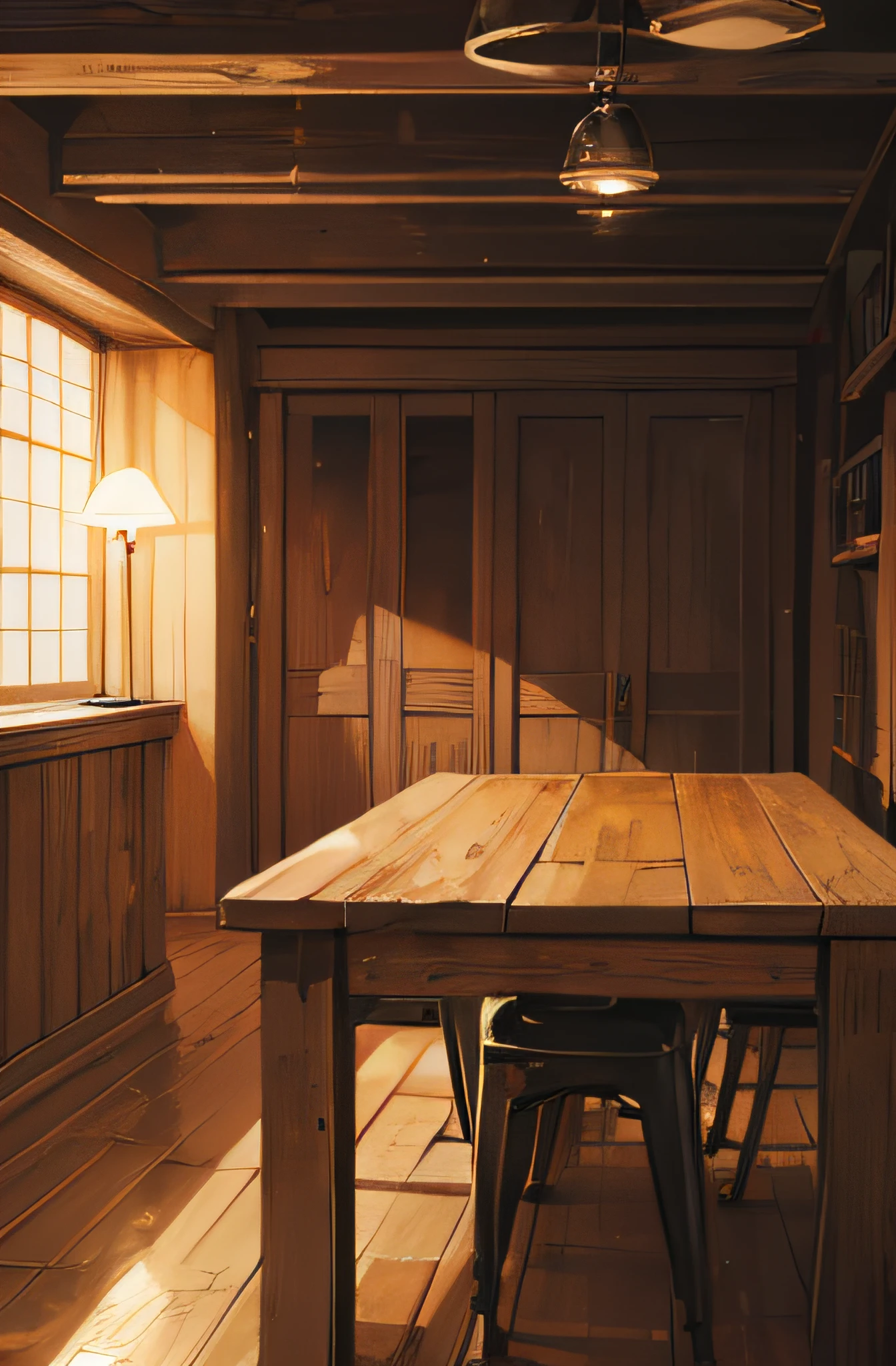 3 coins on a wooden table, anime style, low light