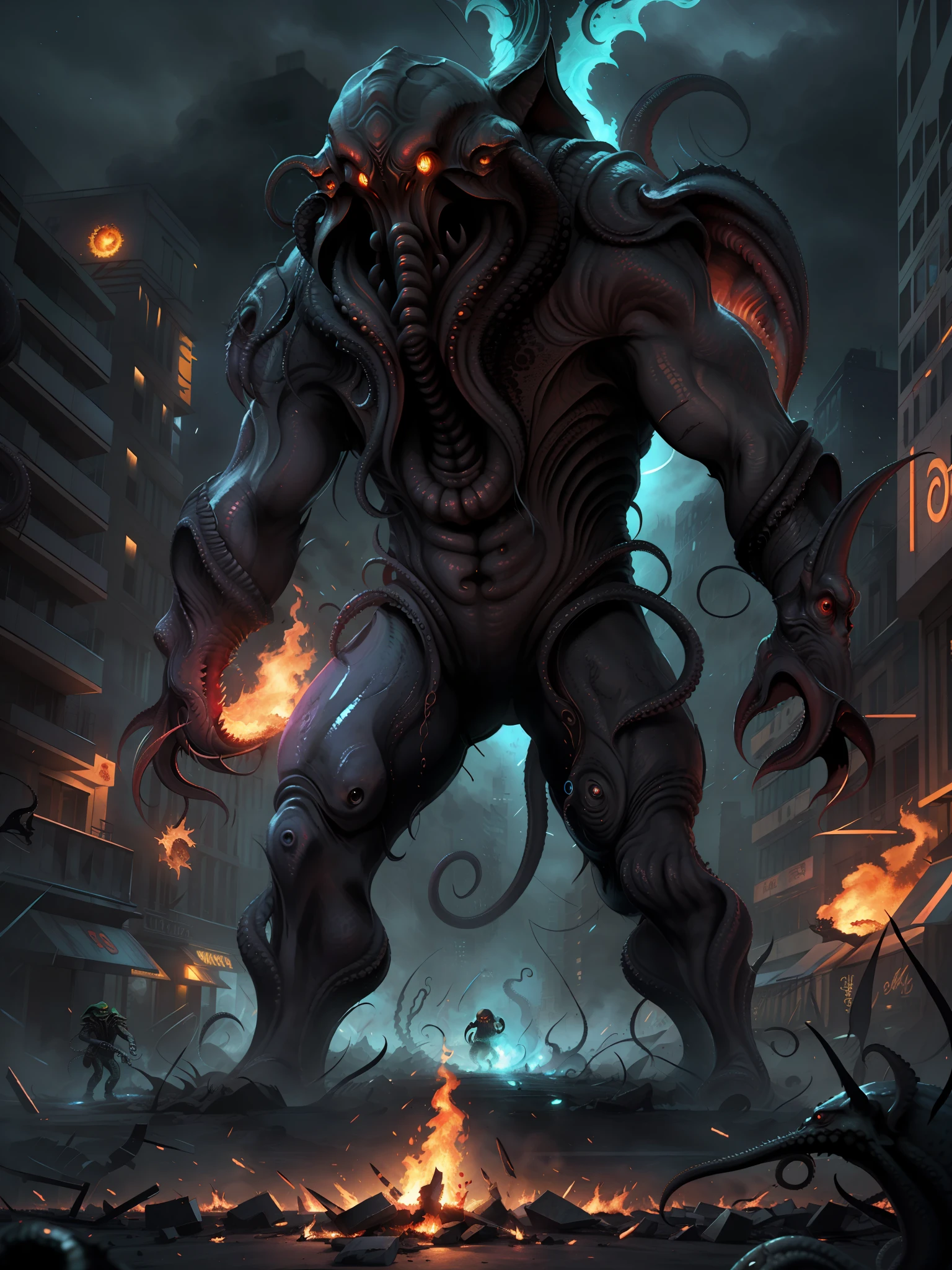 masterpiece, best quality,illustration, (Cthulhu), shape man invading city, fire, (battle scene:1.2), many people, huge machines, tentacles, fear, night scene,game cg, extremely detailed cg unity 8k wallpaper, cityscape, glowing light, motion blur, monster, orc, goblin, looking up