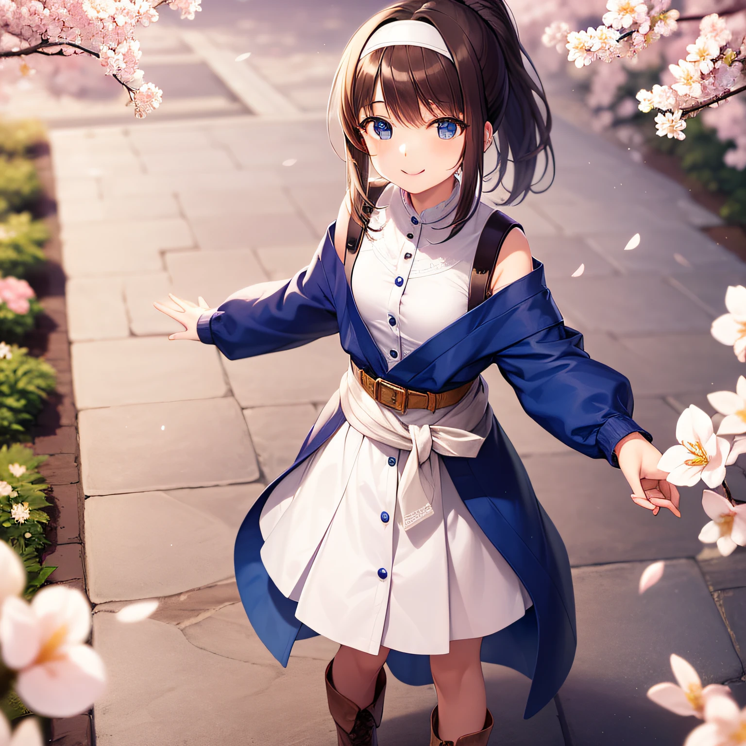 Top quality, very delicate and beautiful, girl, , (dark brown hair), blue clothes with vertical buttons, belt at the waist, white skirt, (ponytail)), (white hair band), (brown boots), blue eyes, standing, smiling, background Japan garden and cherry blossoms