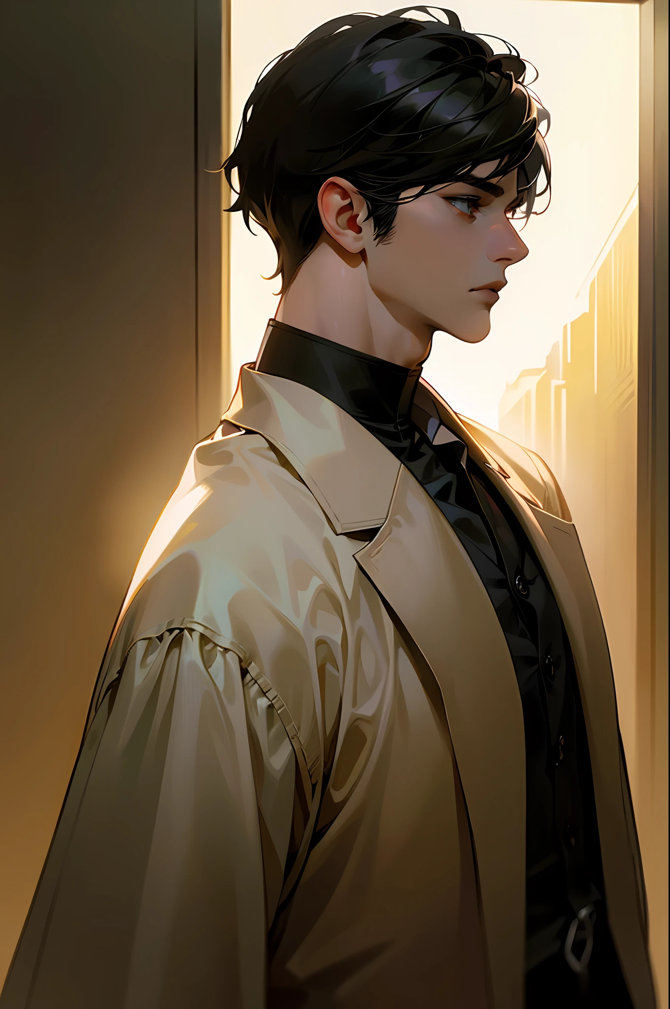 ((Masterpiece, Top Quality, Cinematic Light)), Adult, Male 1, Handsome, tall muscular man, broad shoulders, delicate eyes and delicate face, black hair, detailed background, subway background, black clothes,